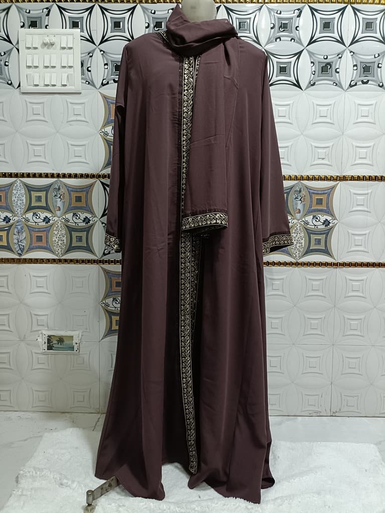 Front Open American Brown Abaya With Full Length Lace thumbnail 3