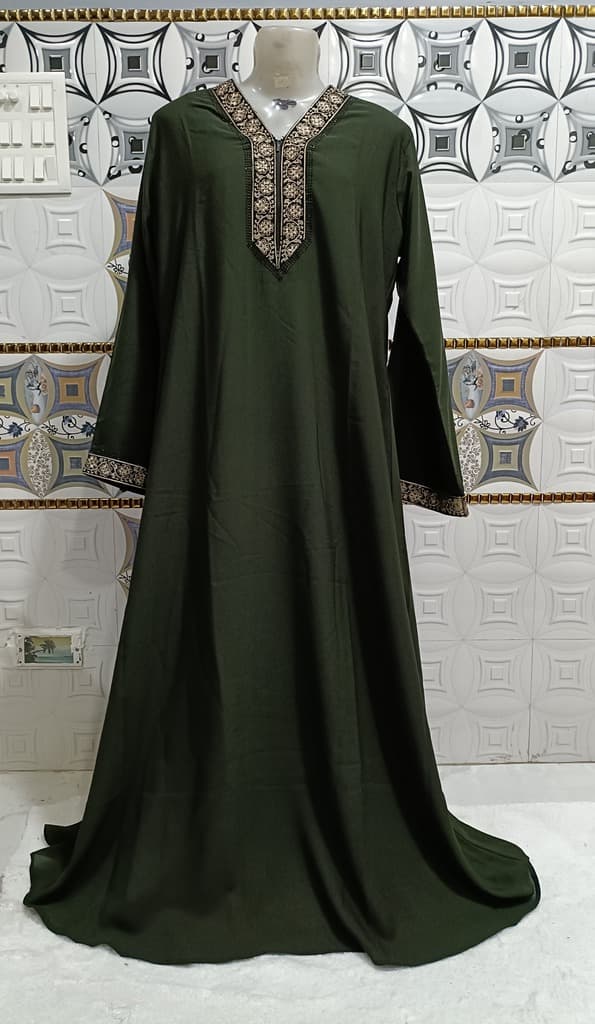 Dark Green Abaya With Lace Around Neck