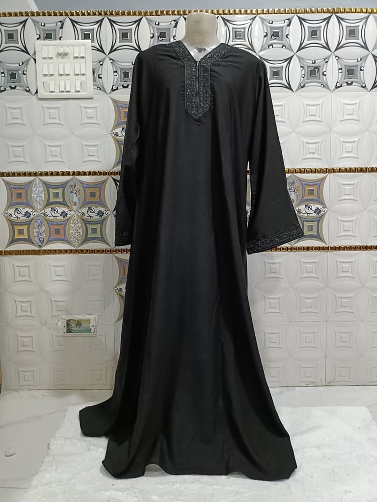 Black Abaya With Black Embroidered Lace Around Neck image