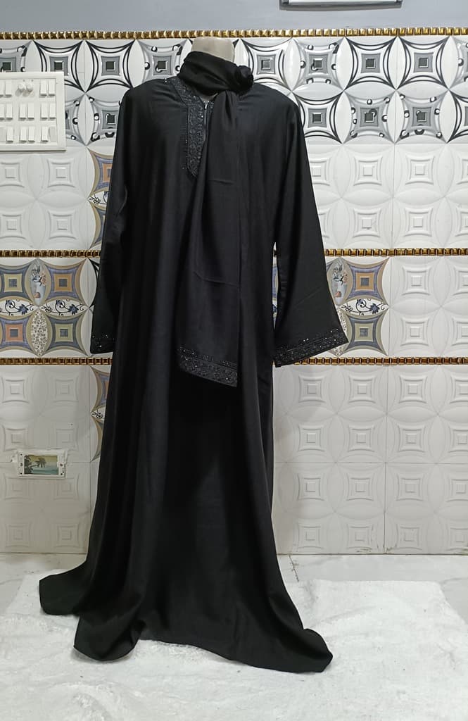 Black Abaya With Black Embroidered Lace Around Neck image