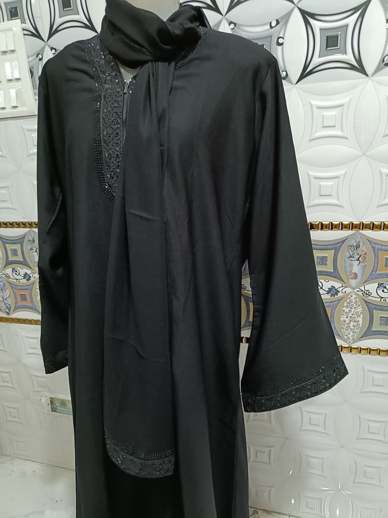 Black Abaya With Black Embroidered Lace Around Neck image