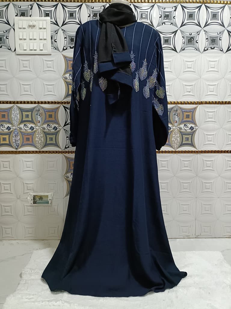 Royal Blue Abaya With Light Blue Embroidery