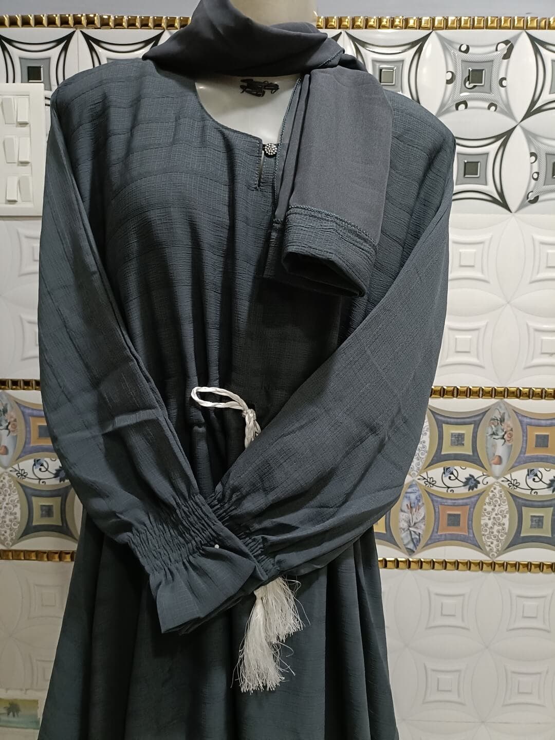 Dark Gray Ruksar Chun Abaya With Chunnat Sleeves image