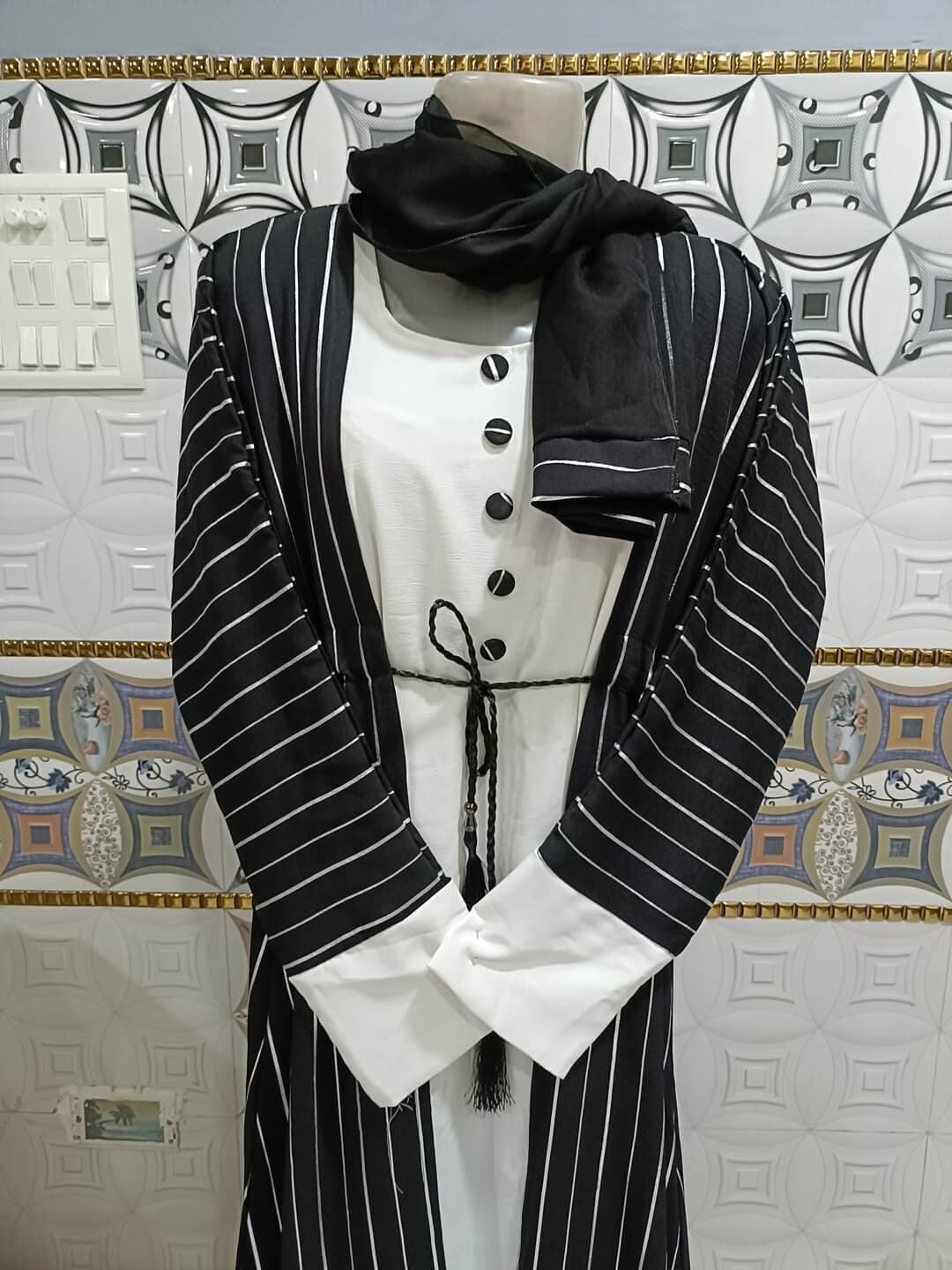 Black Shrug Abaya With Silver Lines And Attached Coat image