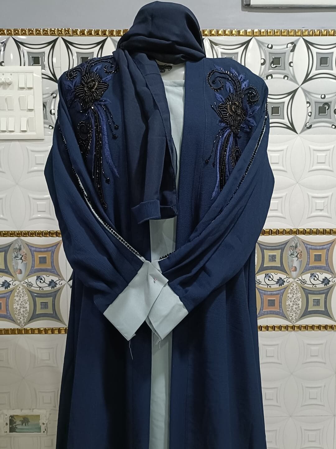 Blue Shrug Abaya With Handwork Design thumbnail 2