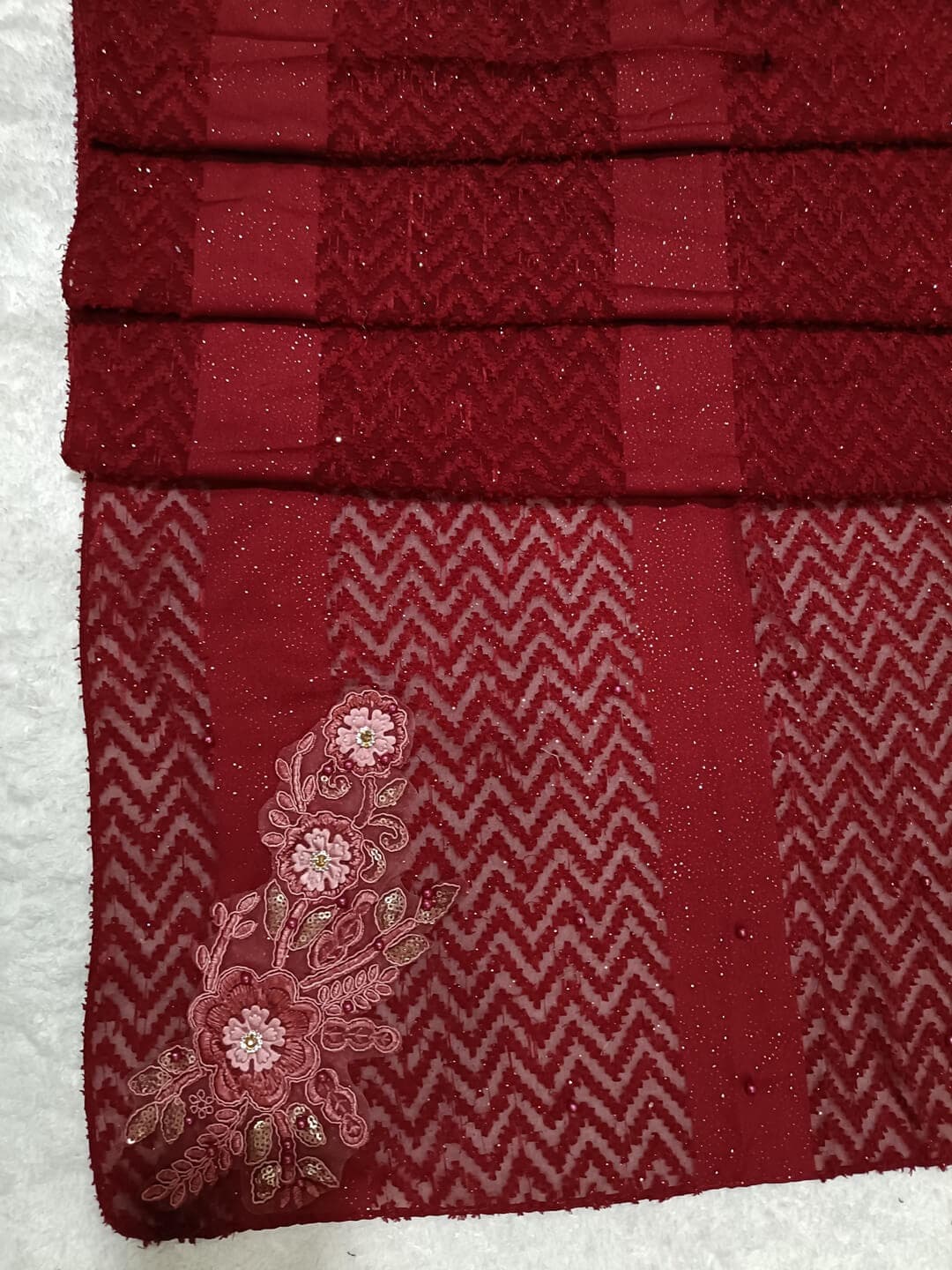 Wine Red Boota Design Hijab With Light Fur