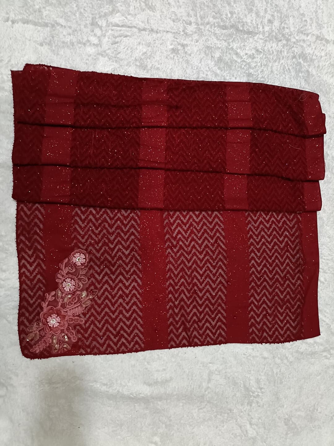 Wine Red Boota Design Hijab With Light Fur image