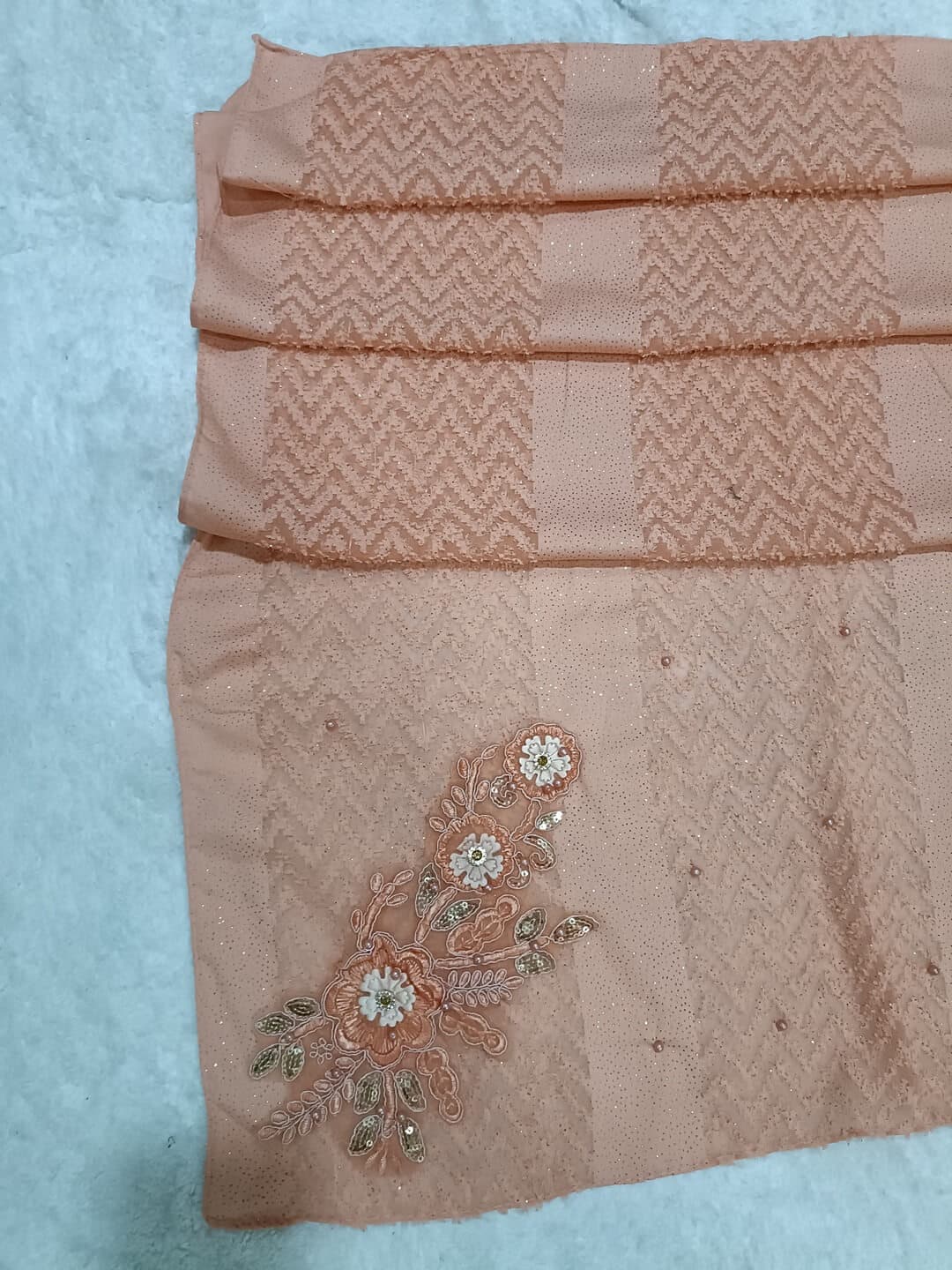 Creamy Peach Boota Design Hijab With Light Fur