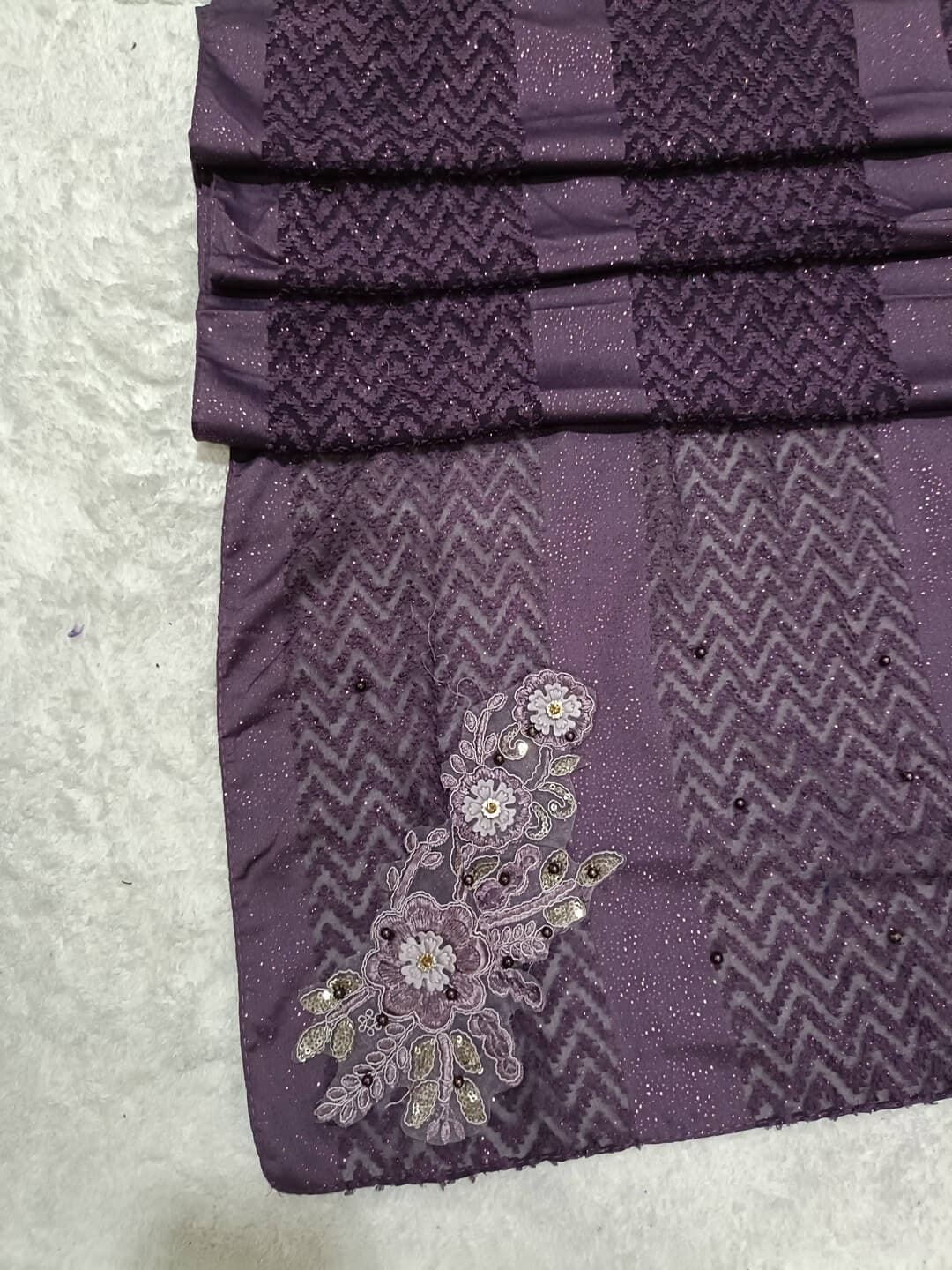 Purple Boota Design Hijab With Light Fur