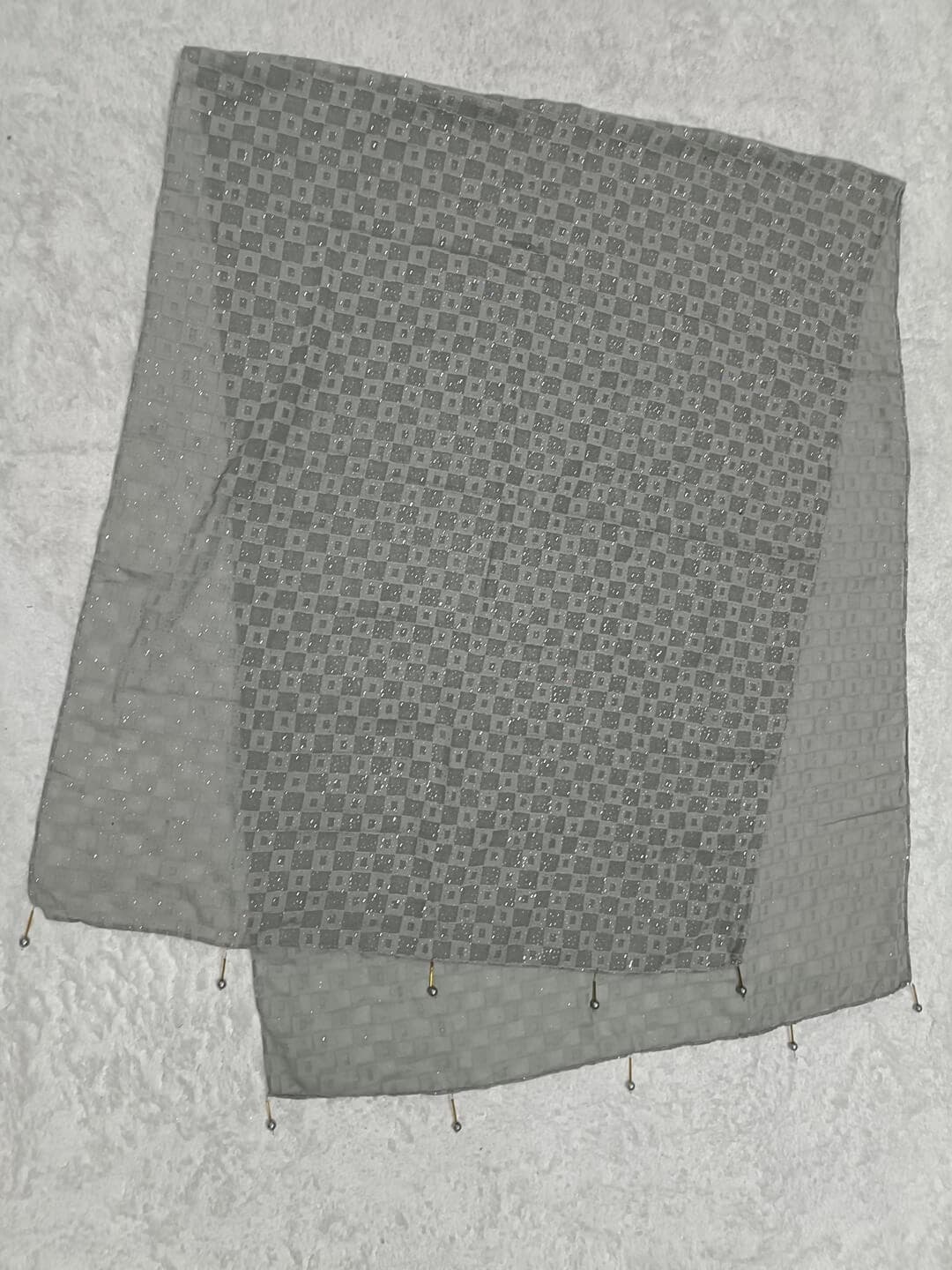 Light Gray Hijab With Square Pattern Design And Latkan thumbnail 2