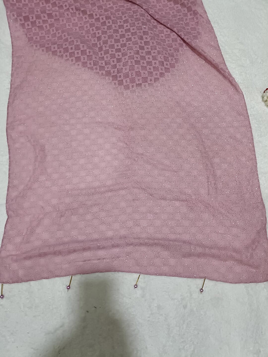 Flamingo Pink Hijab With Square Pattern Design And Latkan thumbnail 3