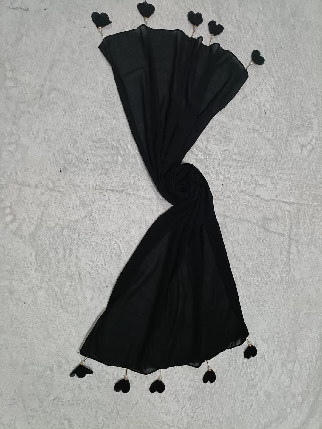 Black Diamond Georgette Hijab Stole With Heart Latkan image