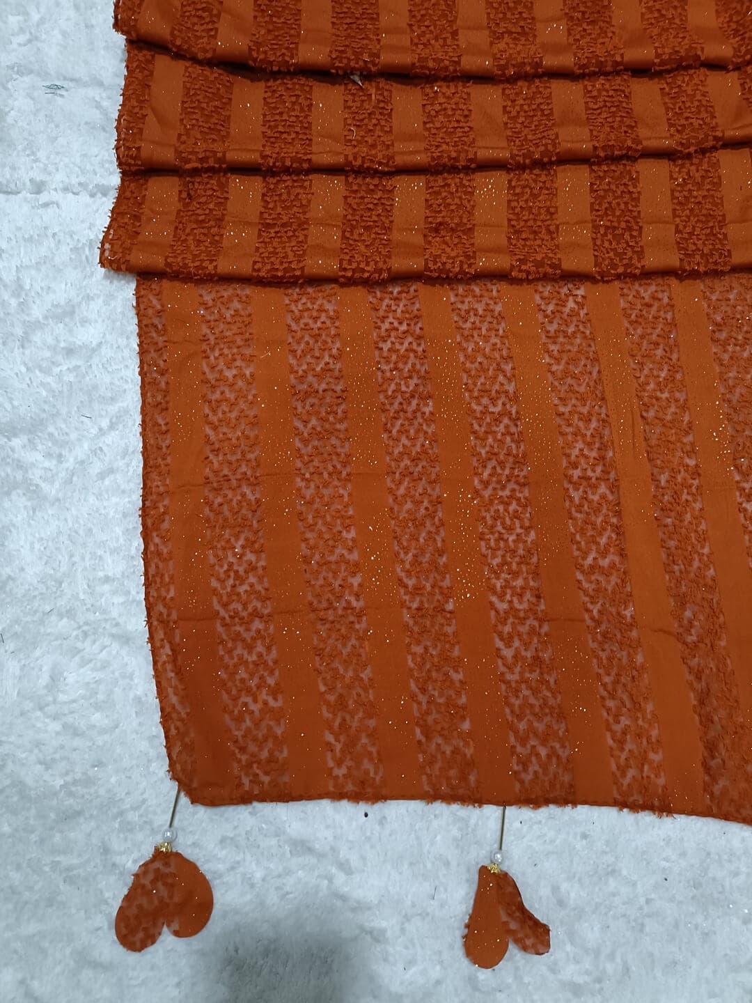 Burnt Orange Fur Patterned Hijab Stole With Dil Latkan image