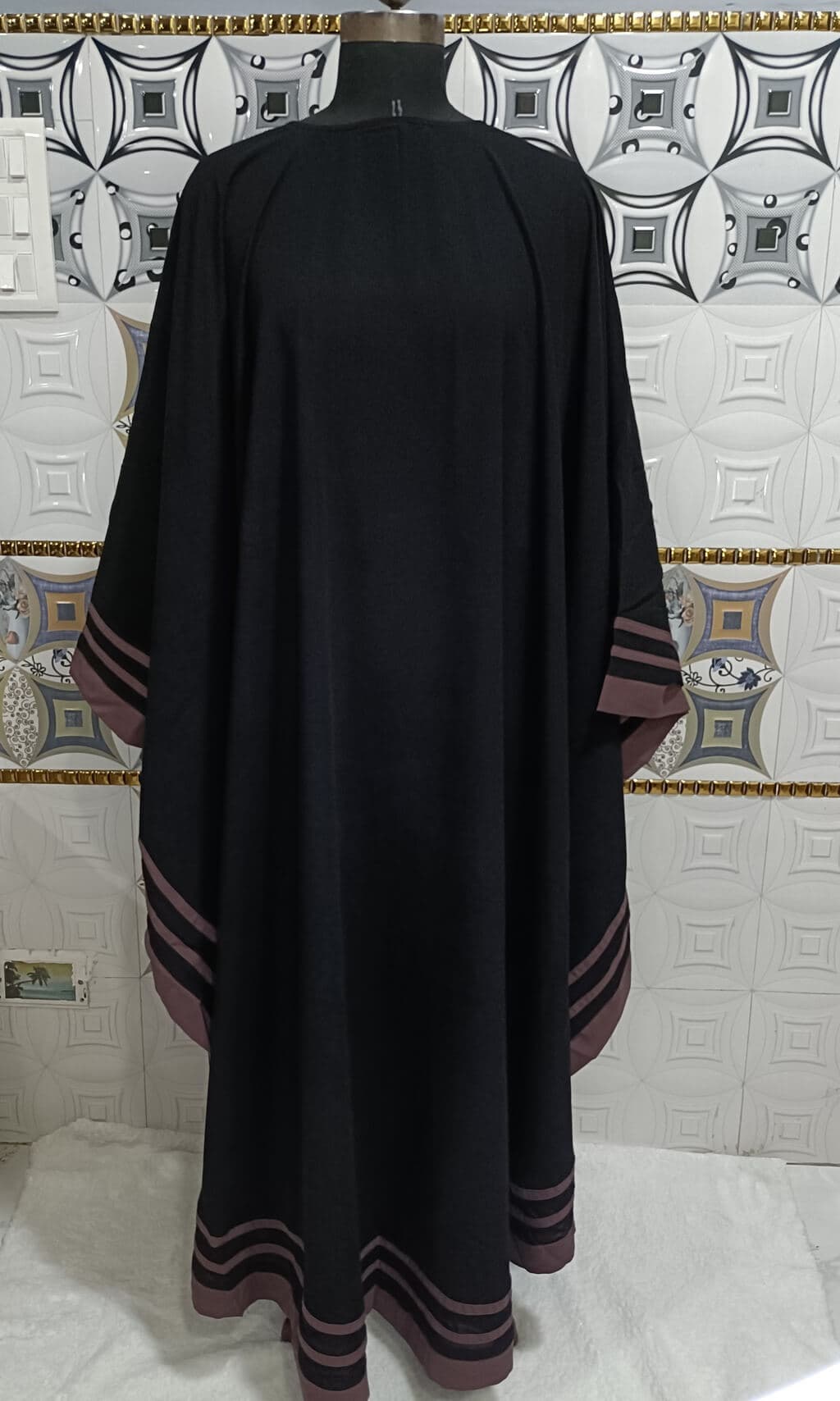 Black Farasha Kaftan Abaya With Purple Strips