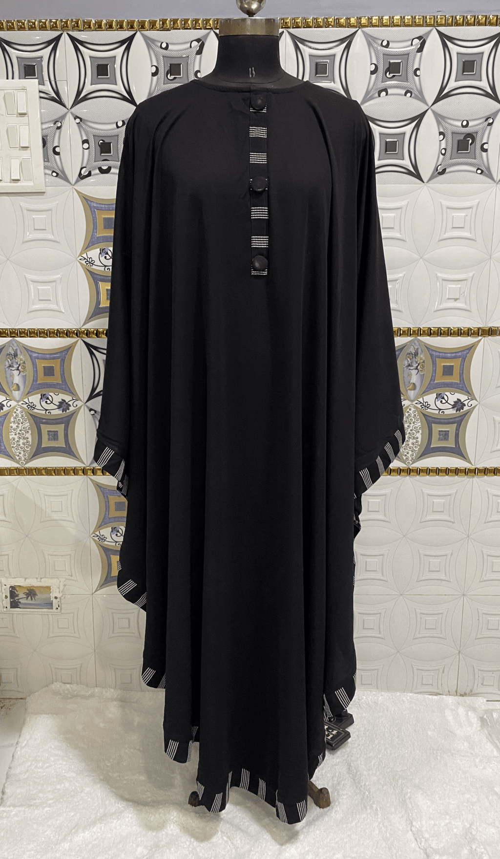 Black Farasha Kaftan Abaya With Black And White Strip