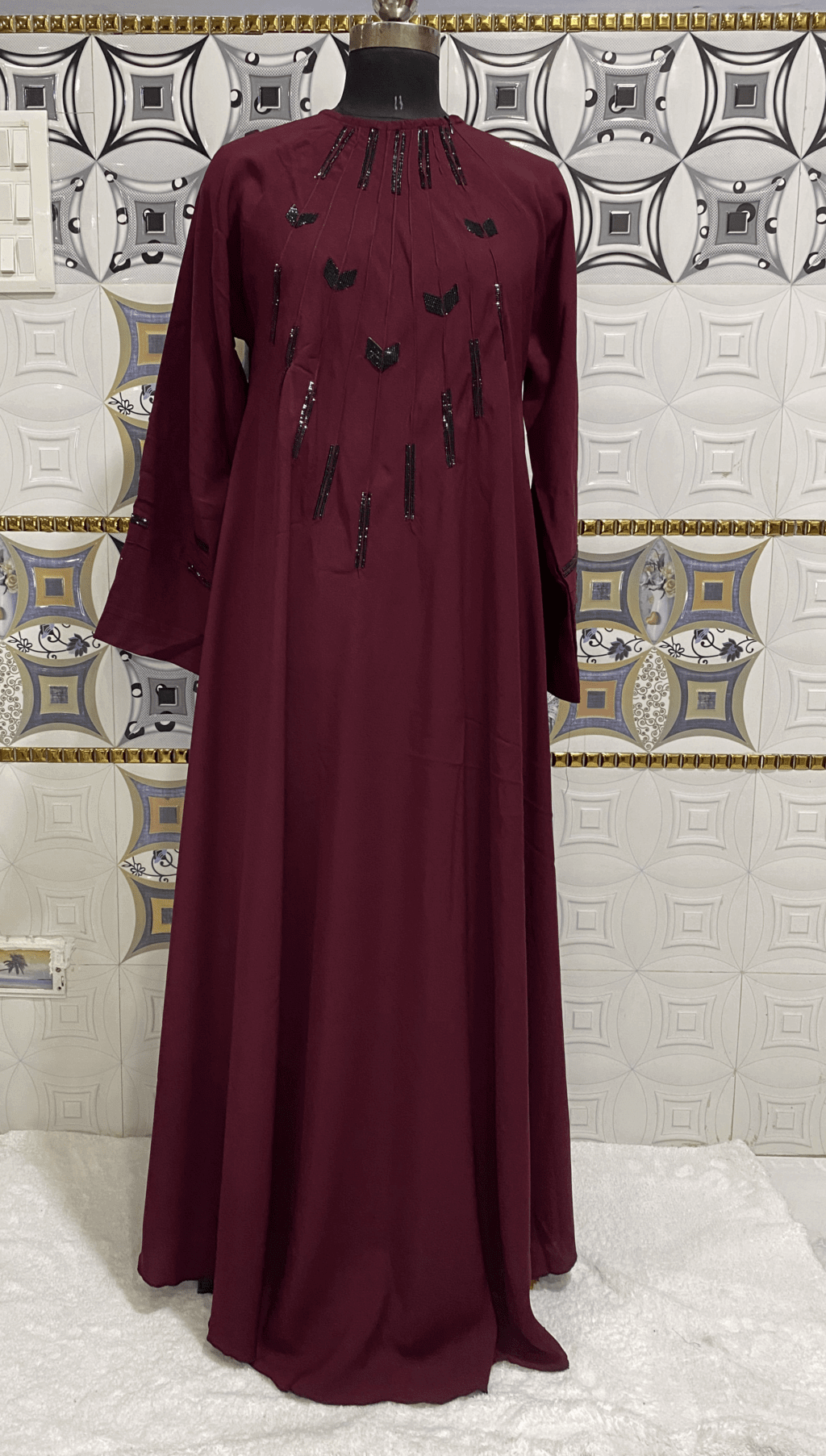 Sheet Style Wine Red Umbrella Abaya With Neck Chain