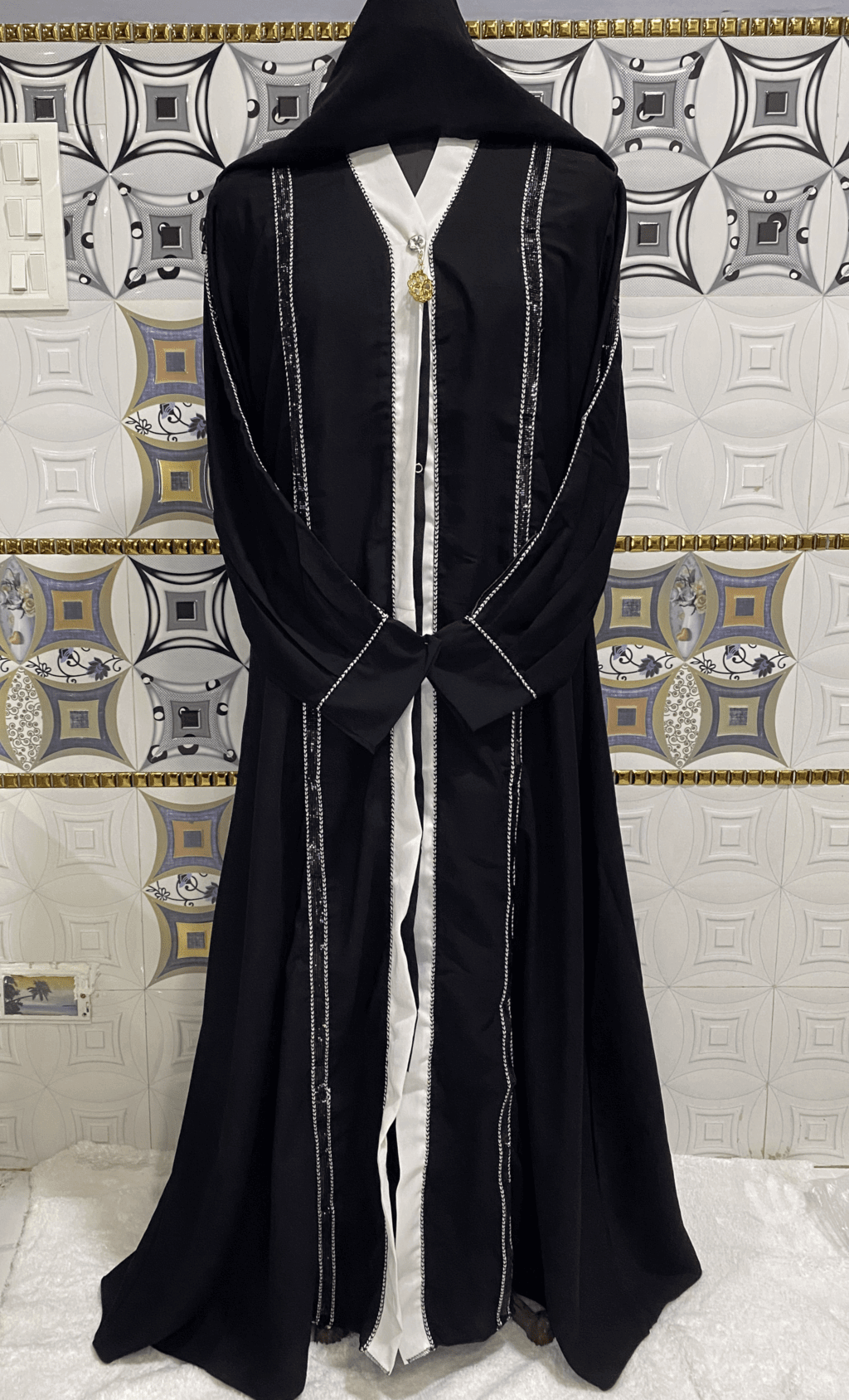 Black Front Open Abaya With Buttons And Cuff Sleeves image