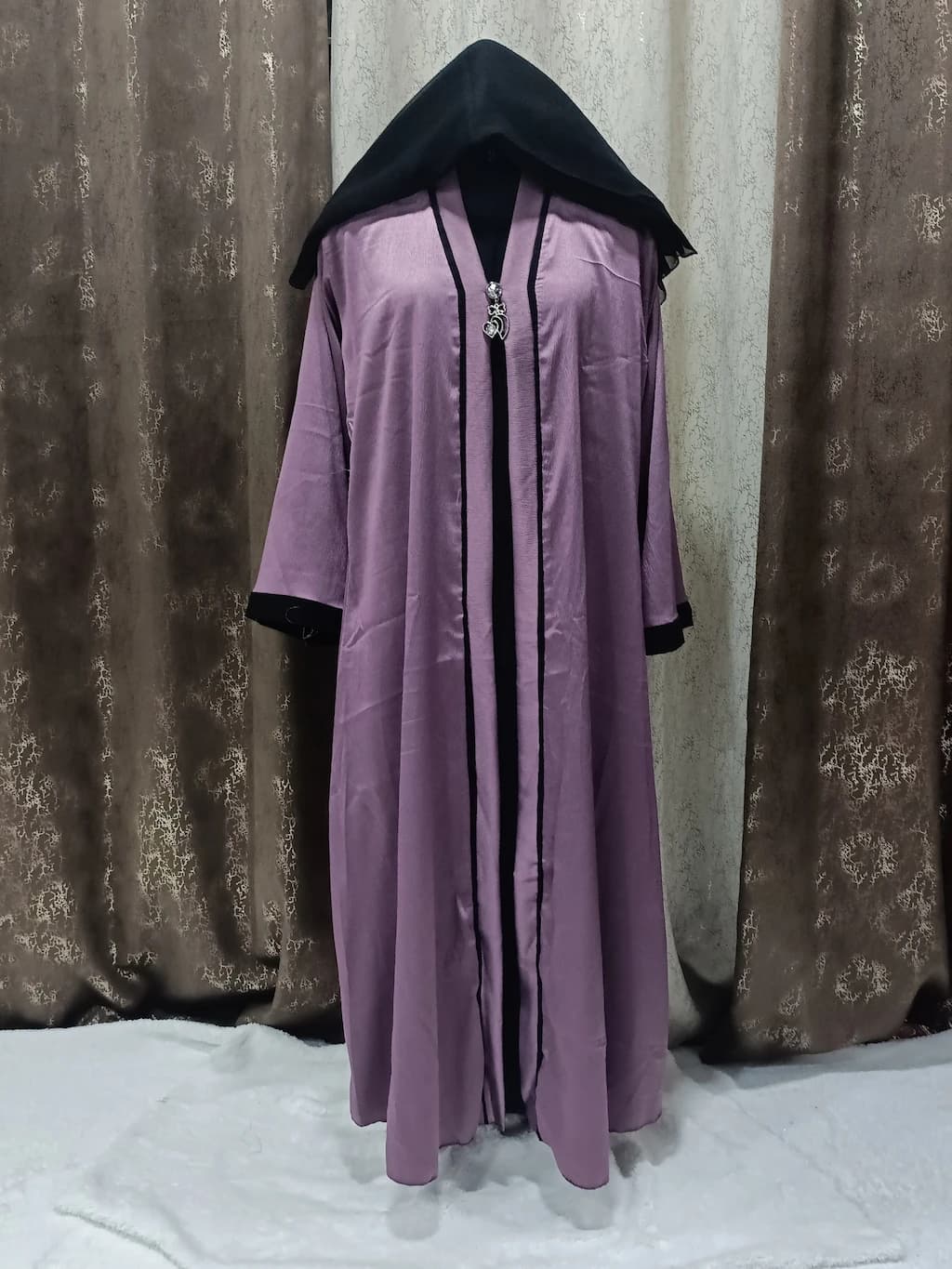 Plum Purple Shrug Abaya With Brooch In Tik Tok Fabric thumbnail 2