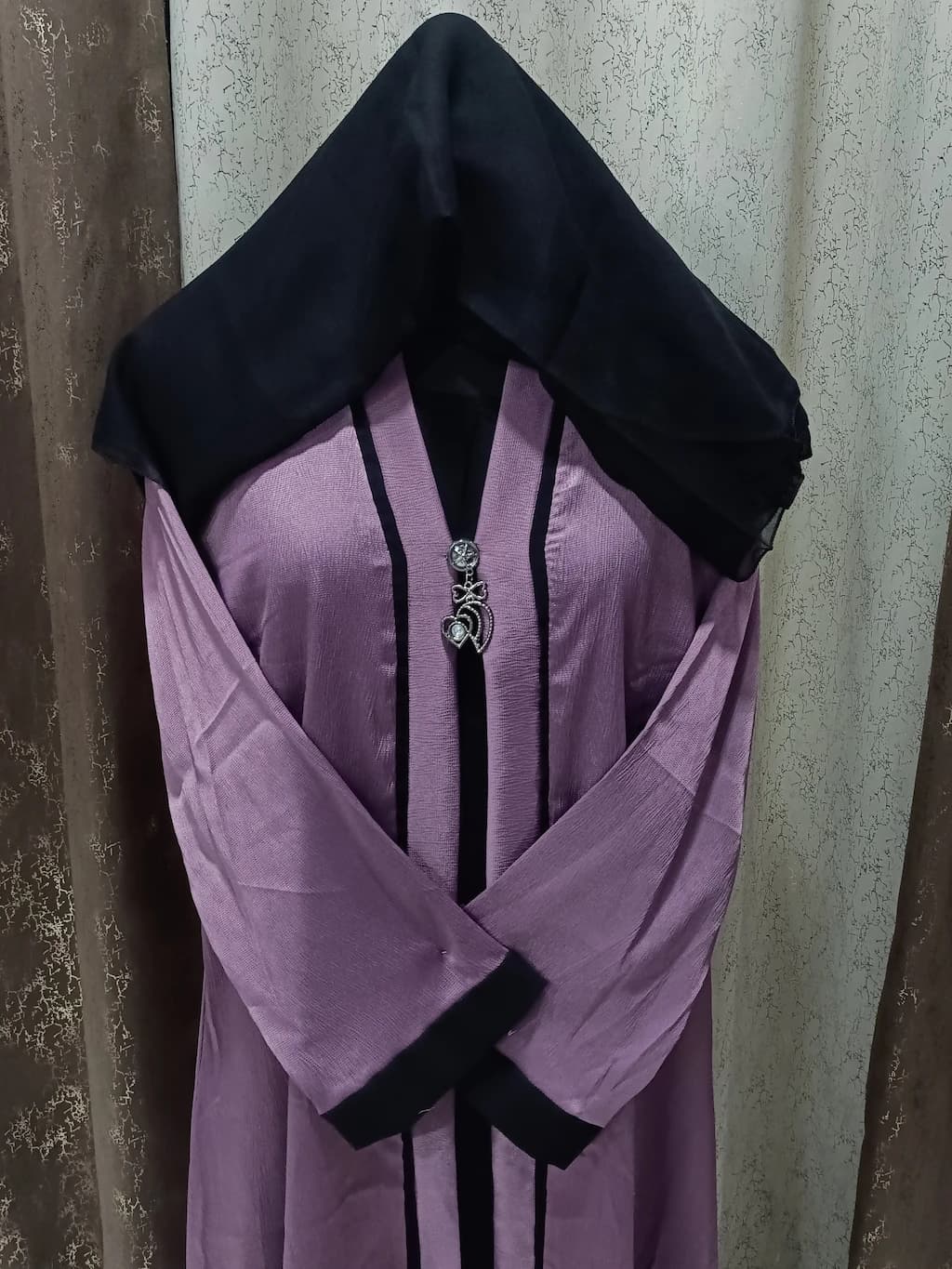 Plum Purple Shrug Abaya With Brooch In Tik Tok Fabric thumbnail 4