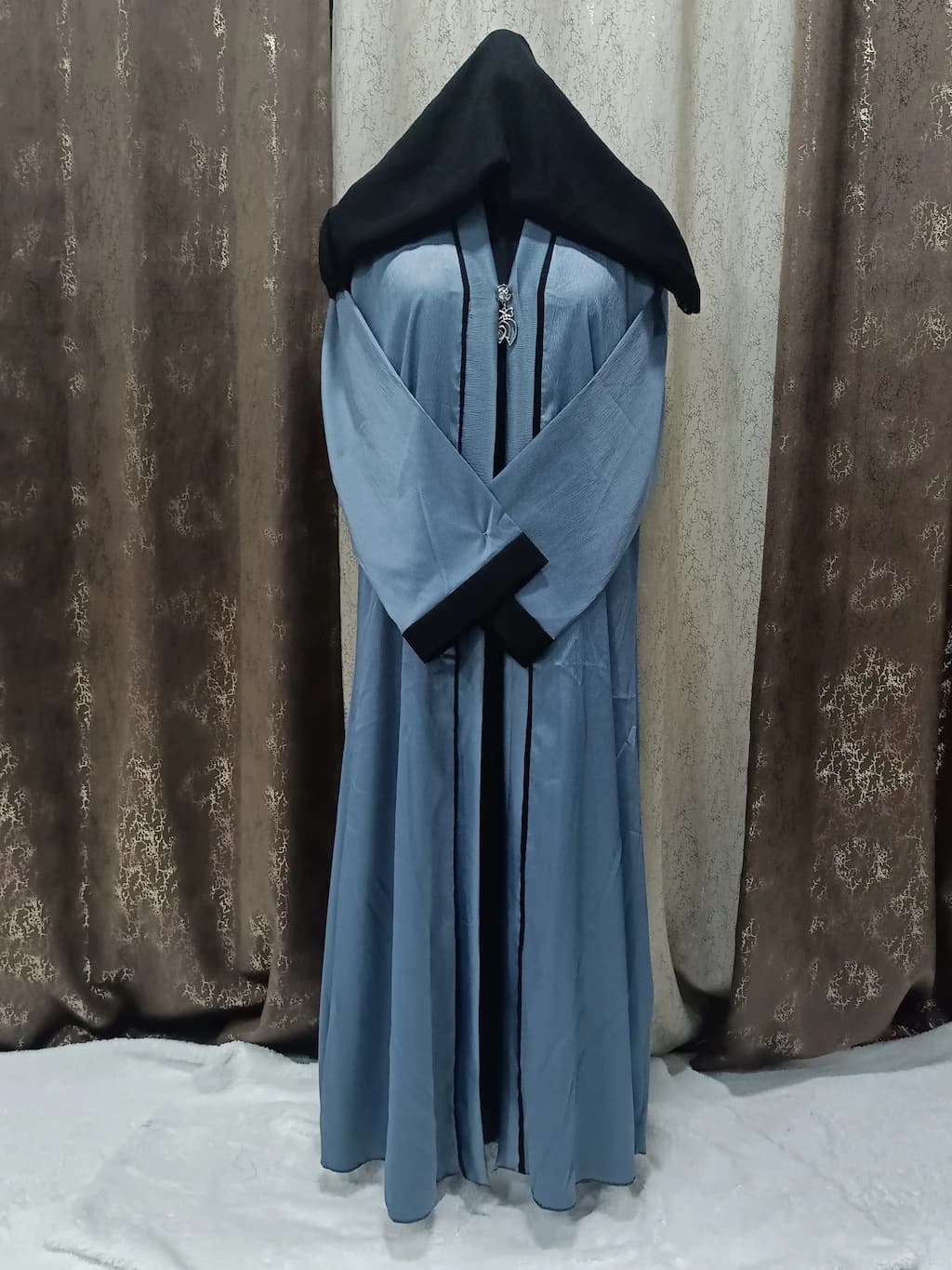 Steel Blue Shrug Abaya With Brooch In Tik Tok Fabric