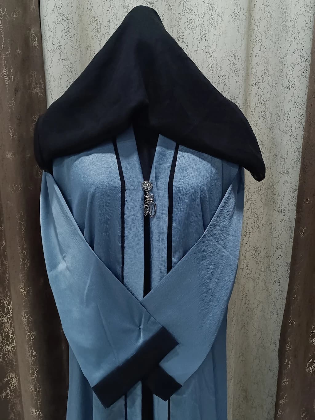 Steel Blue Shrug Abaya With Brooch In Tik Tok Fabric thumbnail 4