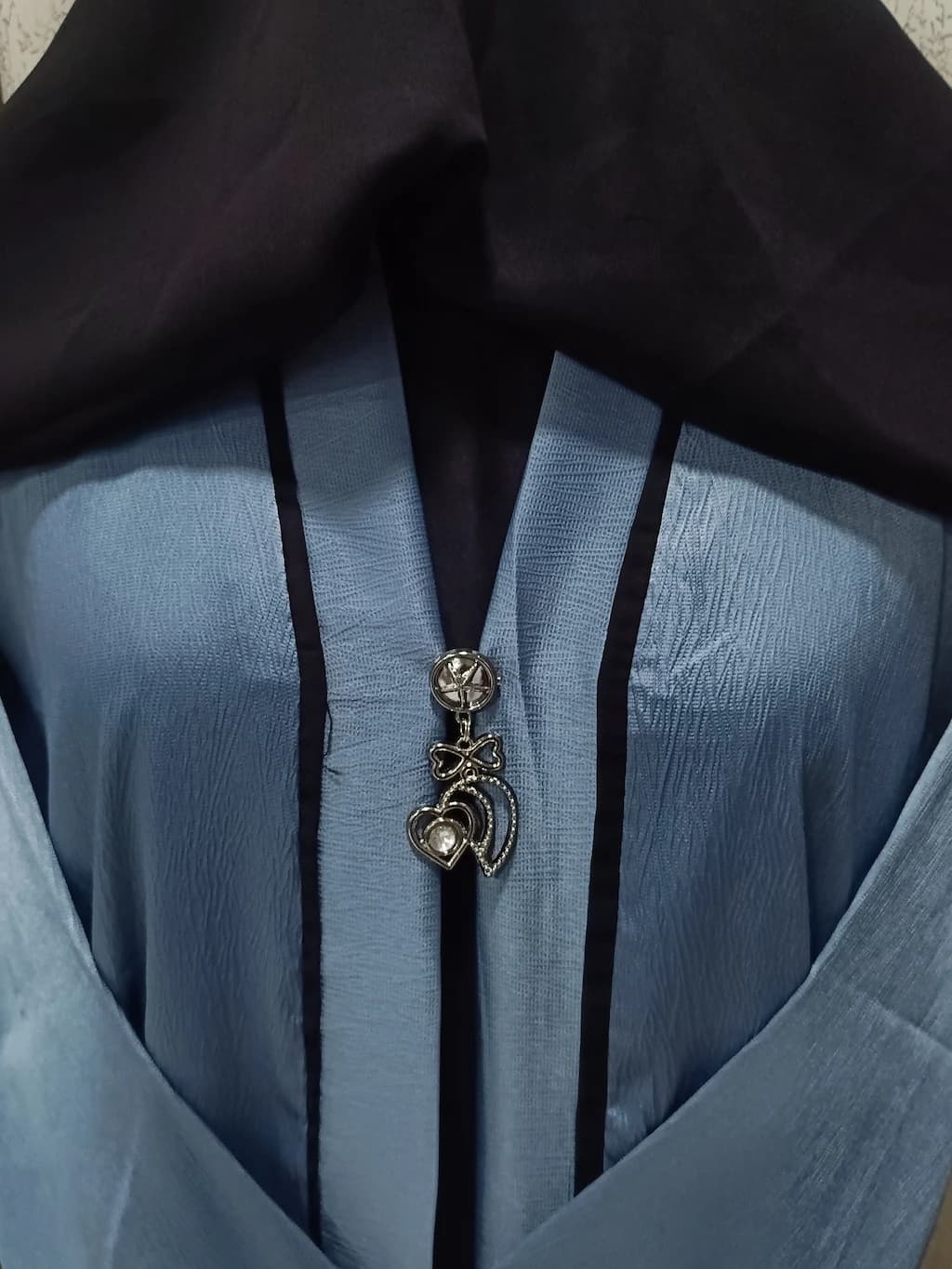 Steel Blue Shrug Abaya With Brooch In Tik Tok Fabric thumbnail 5