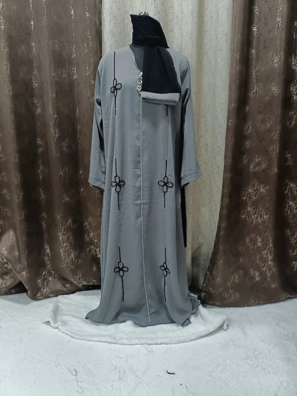 Gray Abaya With Full Length Handwork thumbnail 2