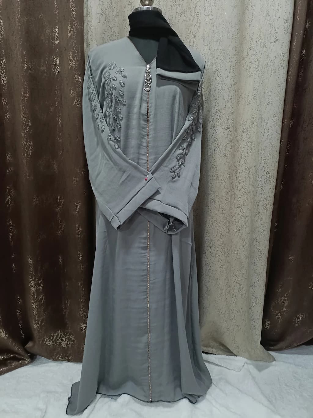 Gray Handwork Abaya With Locket