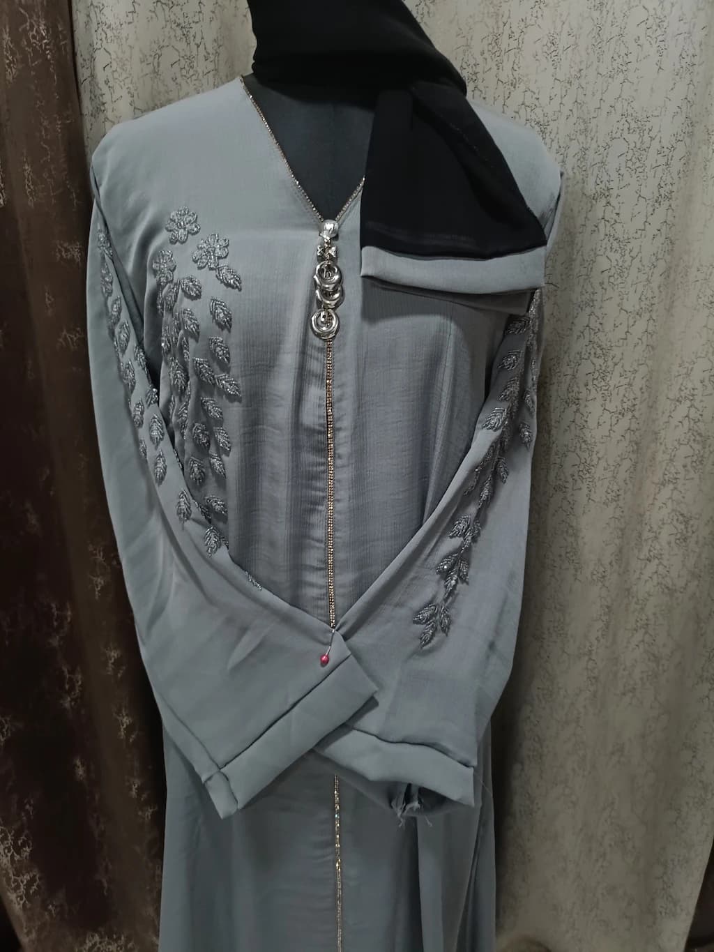 Gray Handwork Abaya With Locket thumbnail 4