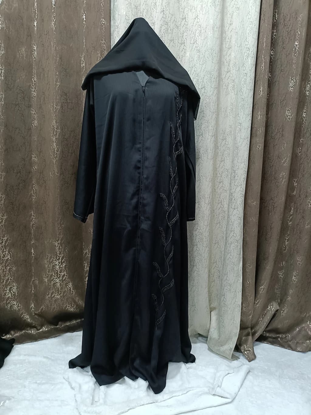 Front Open Full Length Handwork Black Abaya