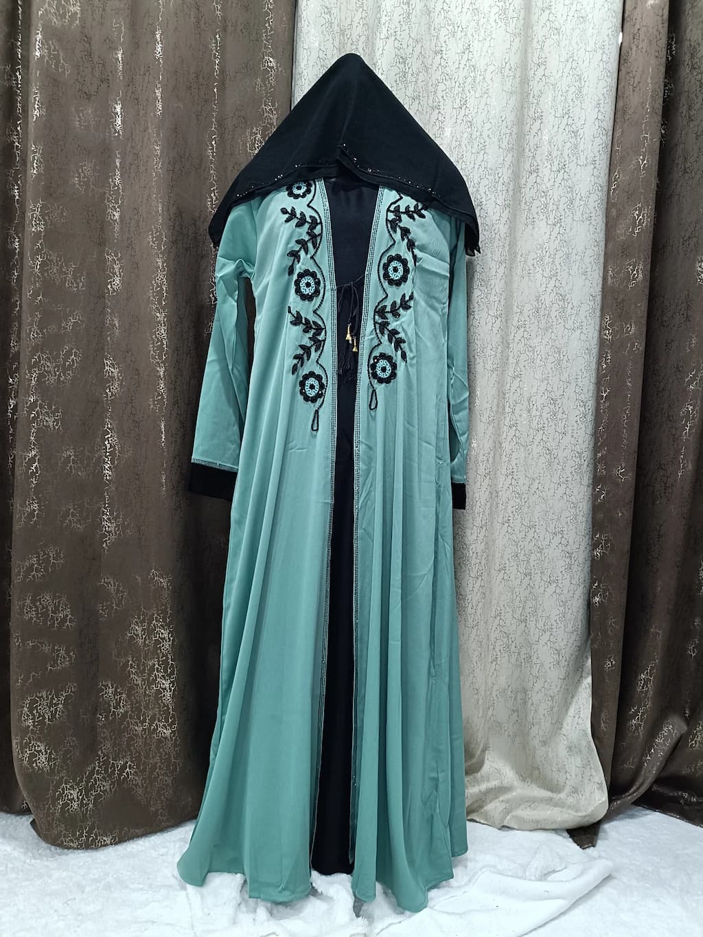 Mint Green Shrug Abaya With Handwork Design