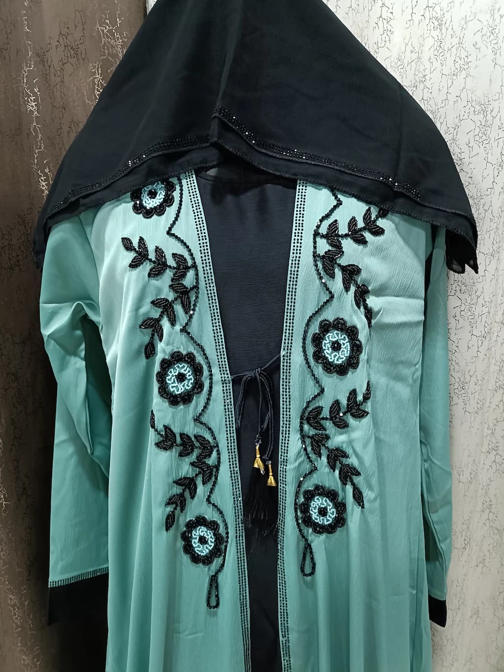 Mint Green Shrug Abaya With Handwork Design thumbnail 2