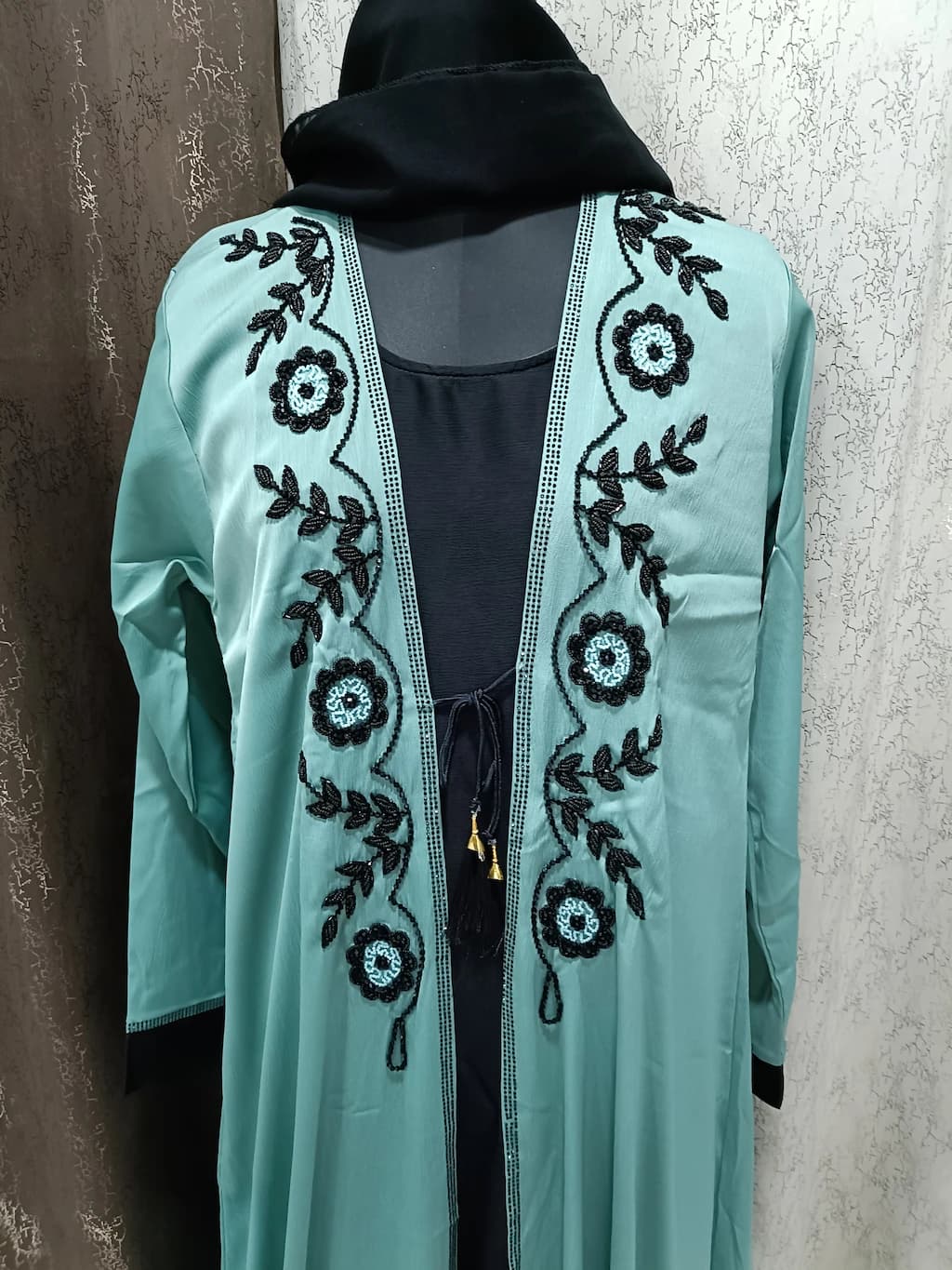 Mint Green Shrug Abaya With Handwork Design thumbnail 3