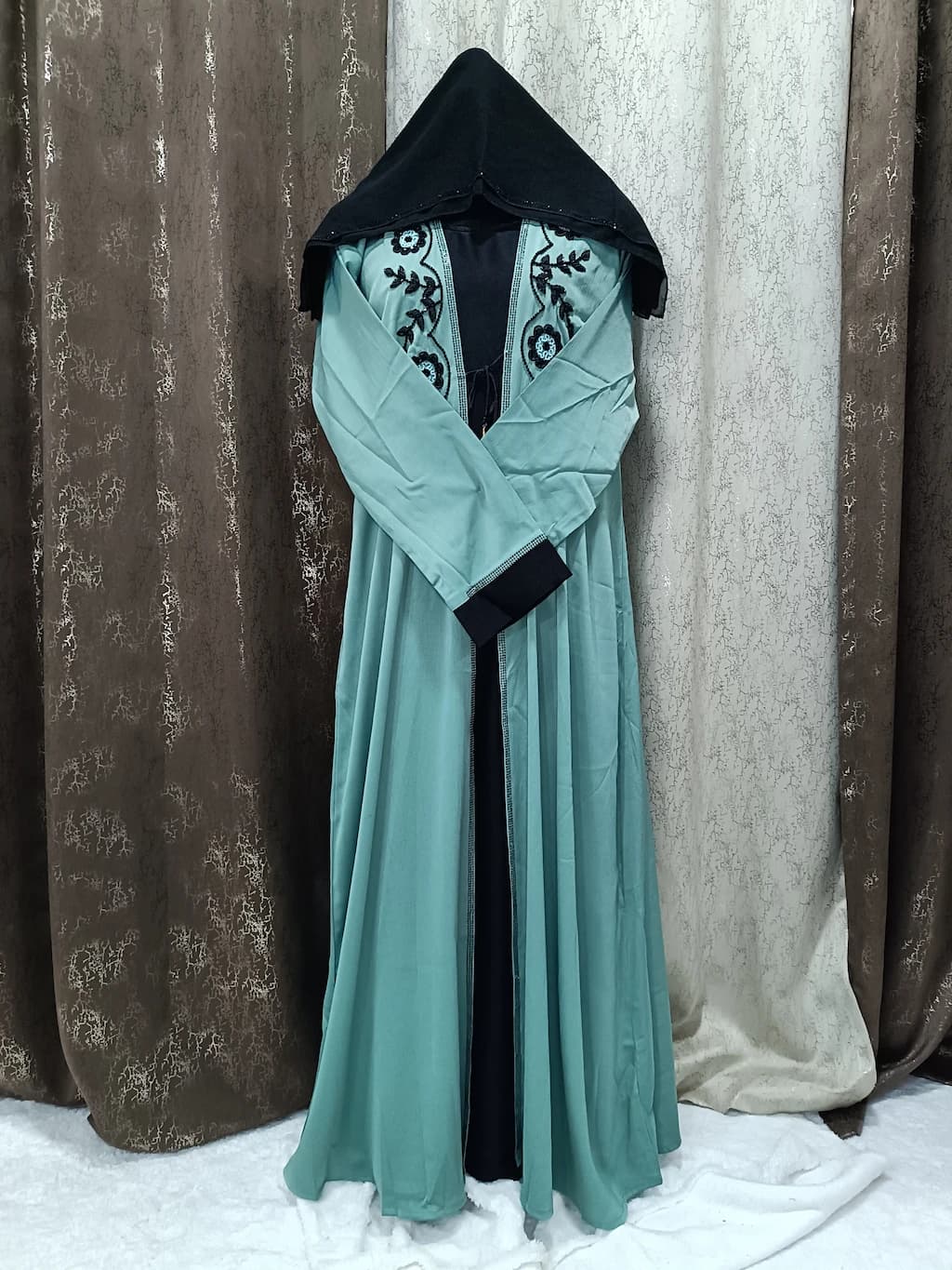 Mint Green Shrug Abaya With Handwork Design thumbnail 4