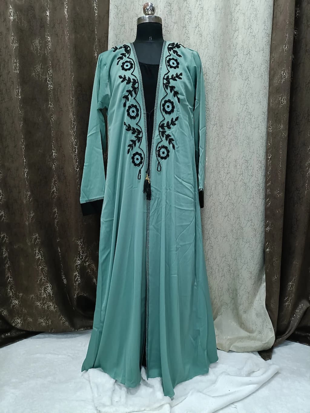 Mint Green Shrug Abaya With Handwork Design thumbnail 5