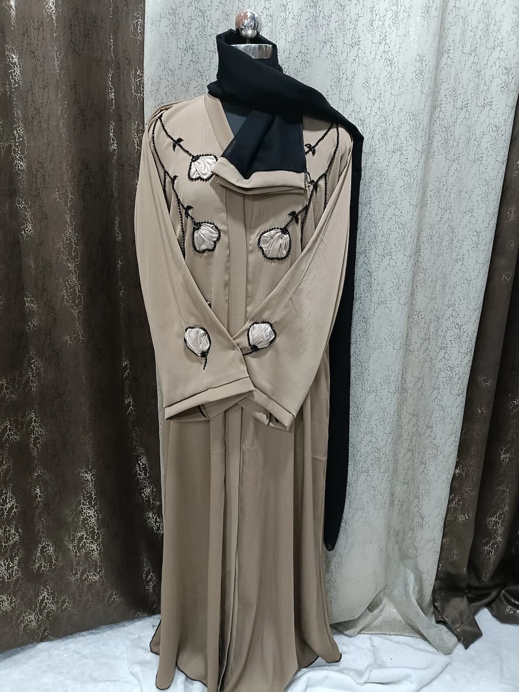 Front Open Camel Brown Abaya With Handwork Tissue Design