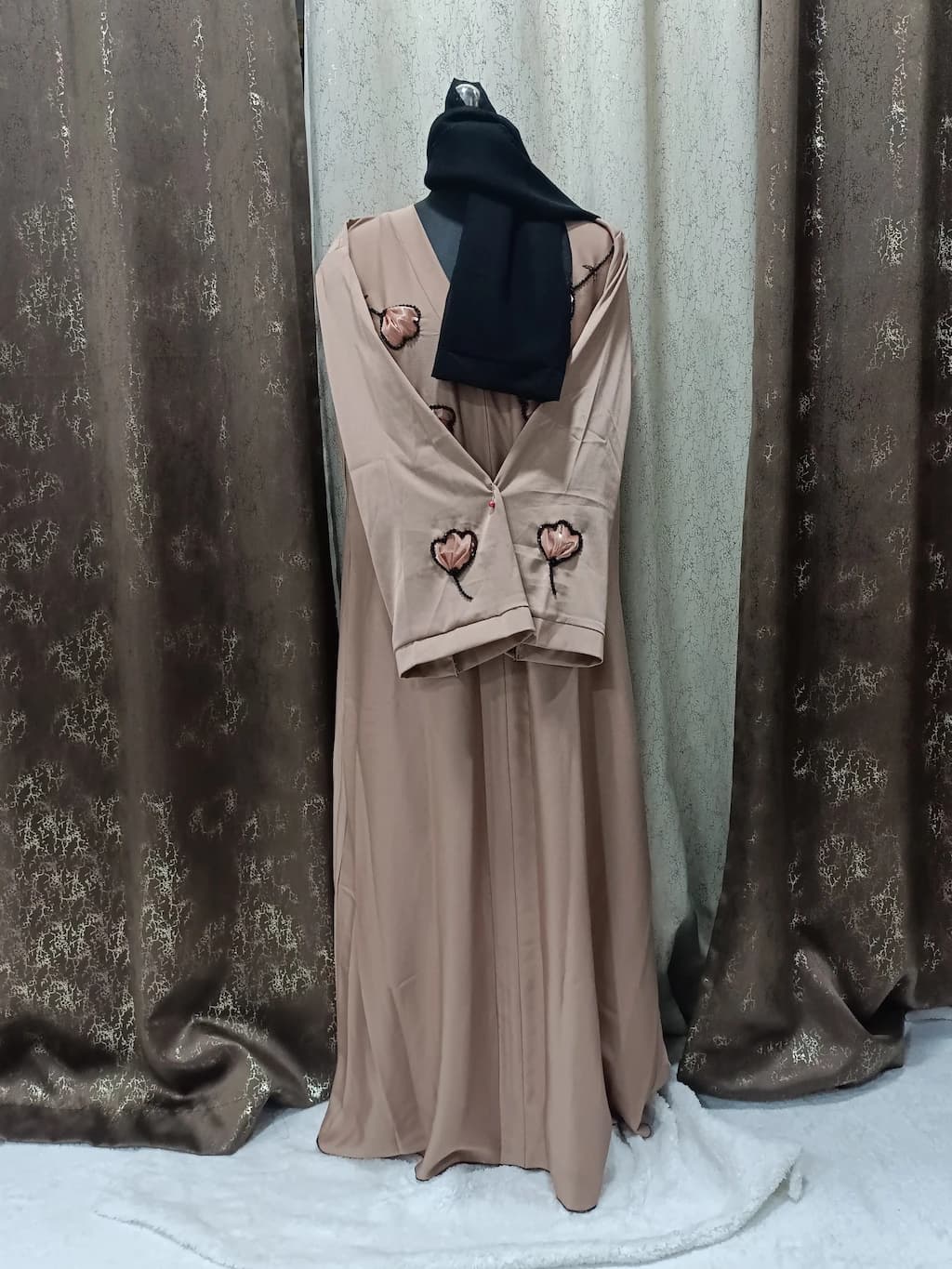 Front Closed Cantaloupe Orange Abaya With Handwork Tissue Design