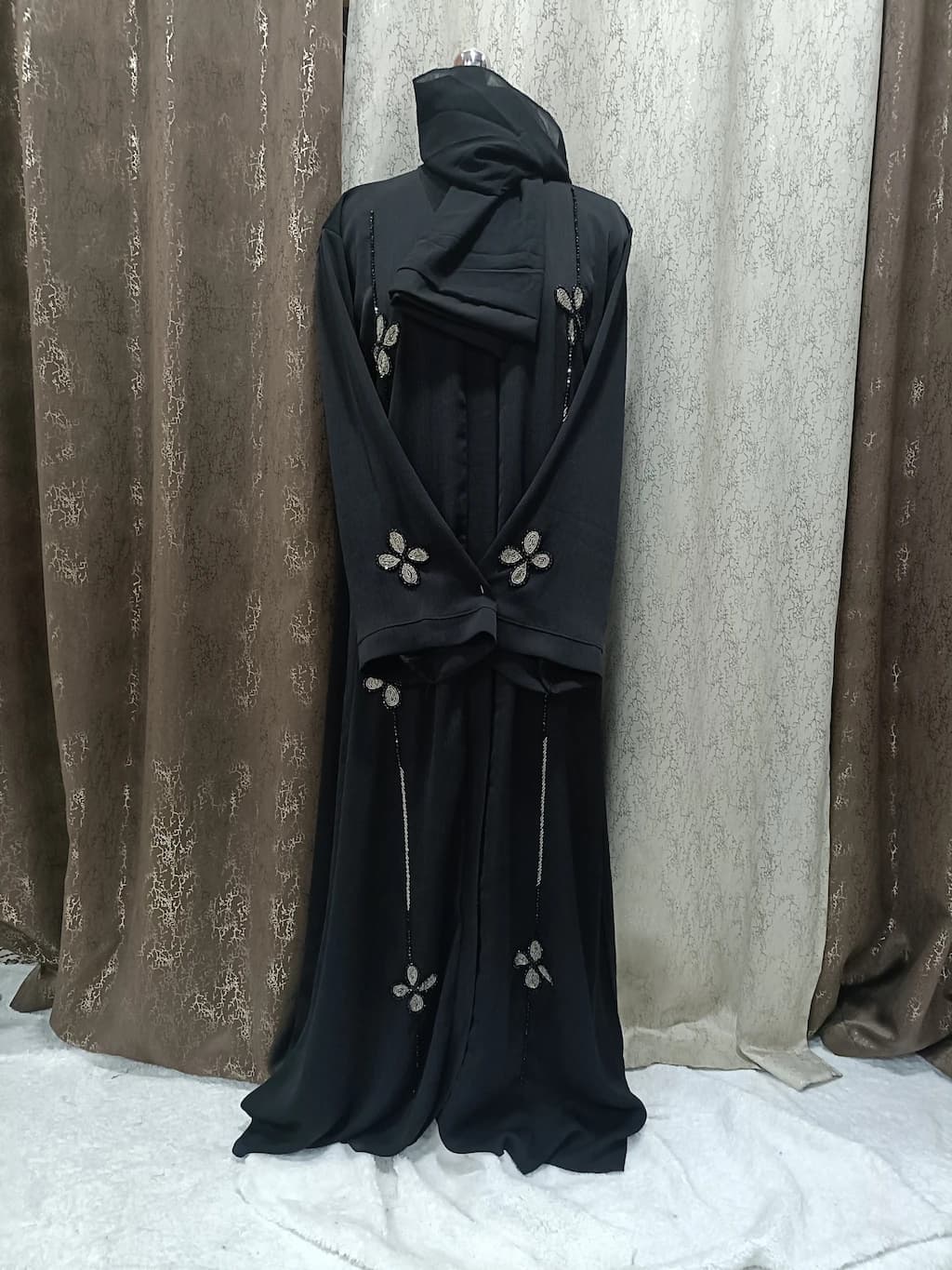 Front Open Black Abaya With Full Length Handwork
