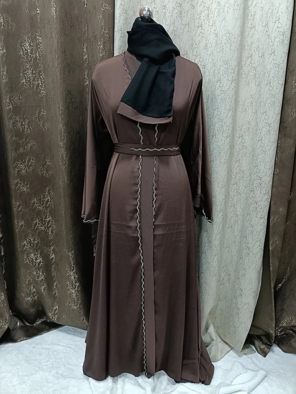 Front Open Carob Brown Umbrella Abaya With Bell Sleeves