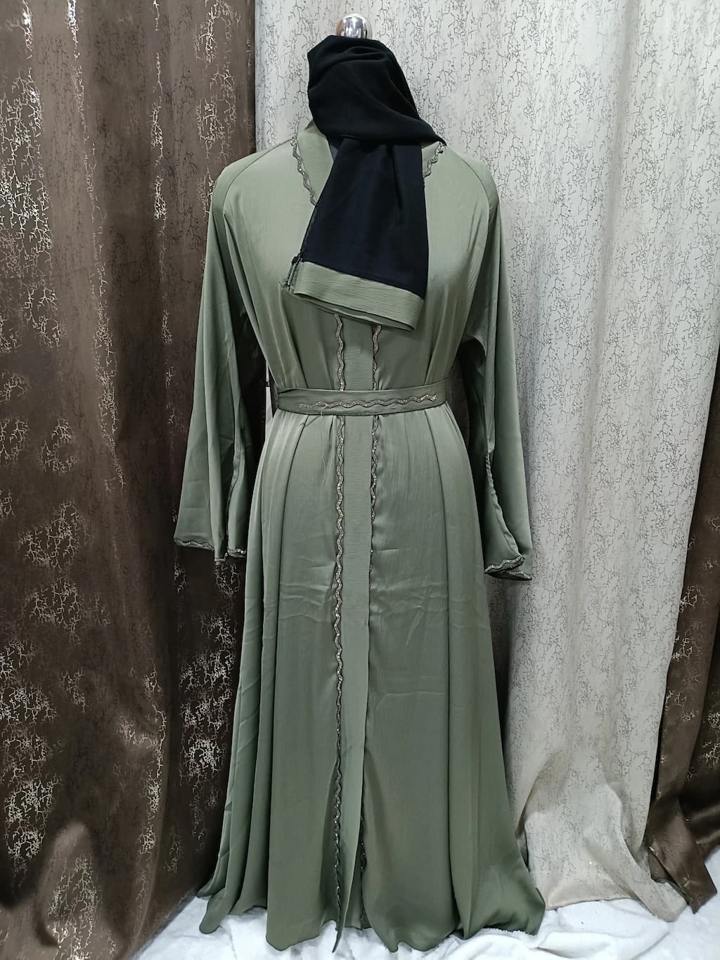 Front Open Sage Green Umbrella Abaya With Bell Sleeves