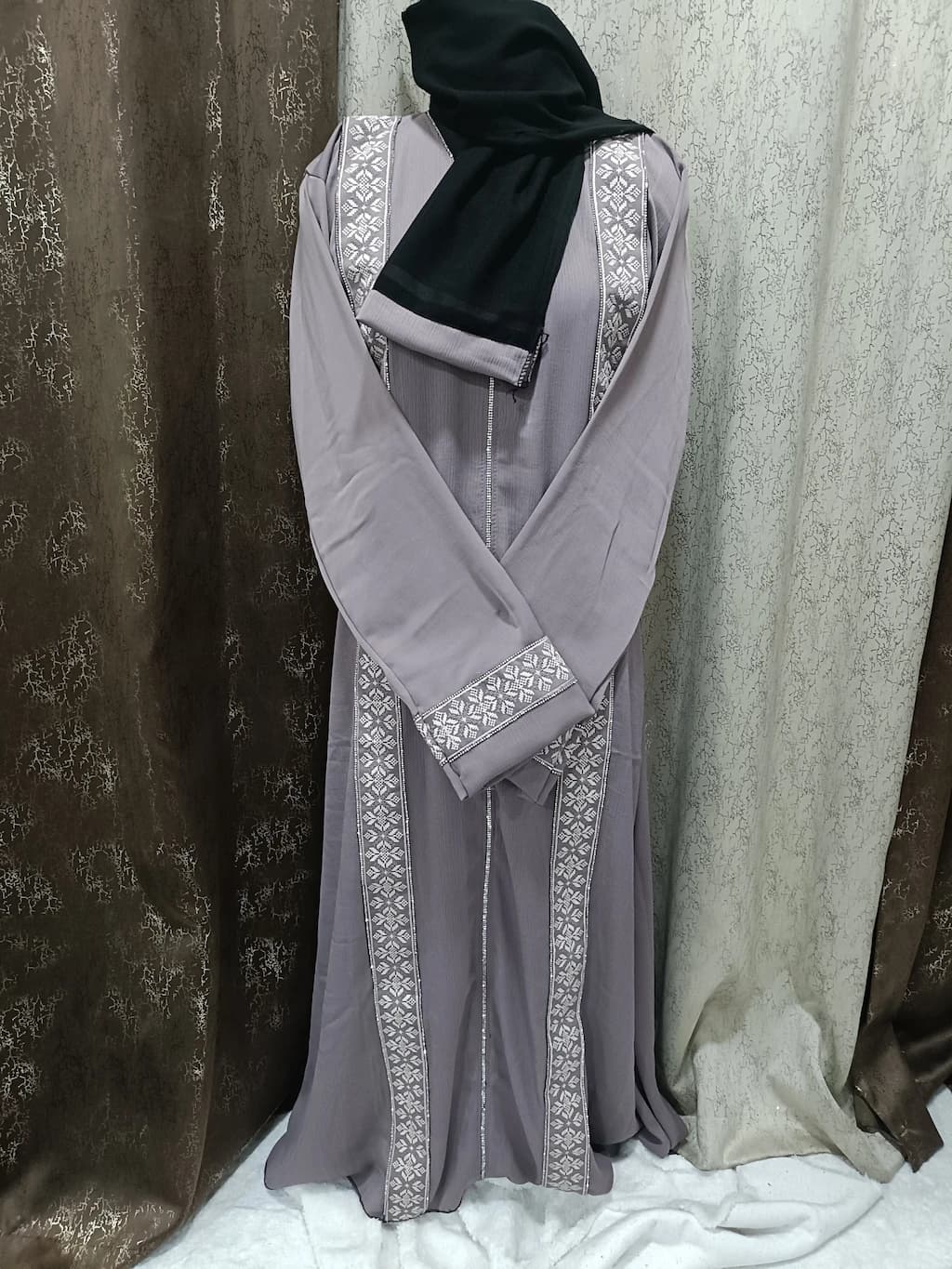 Lilac Purple Abaya With Embroidered Lace And Locket