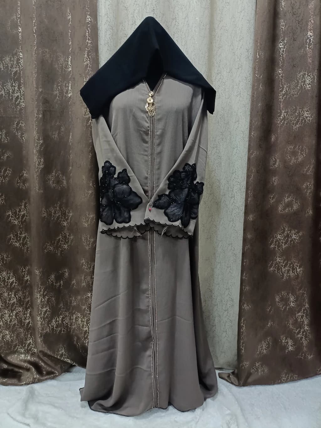 Mocha Brown Abaya With Boota Design On Sleeves