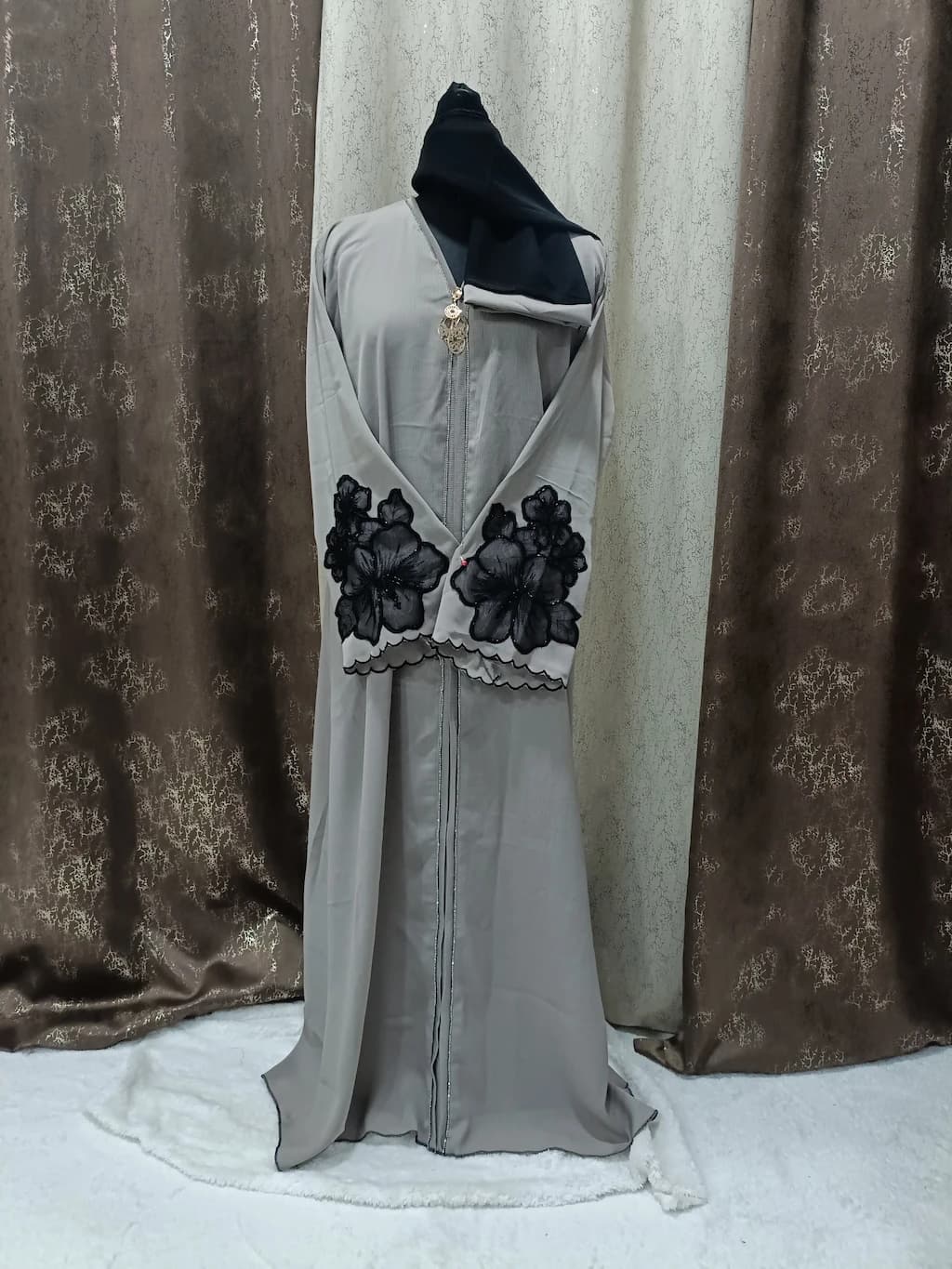 Light Taupe Brown Abaya With Boota Design On Sleeves