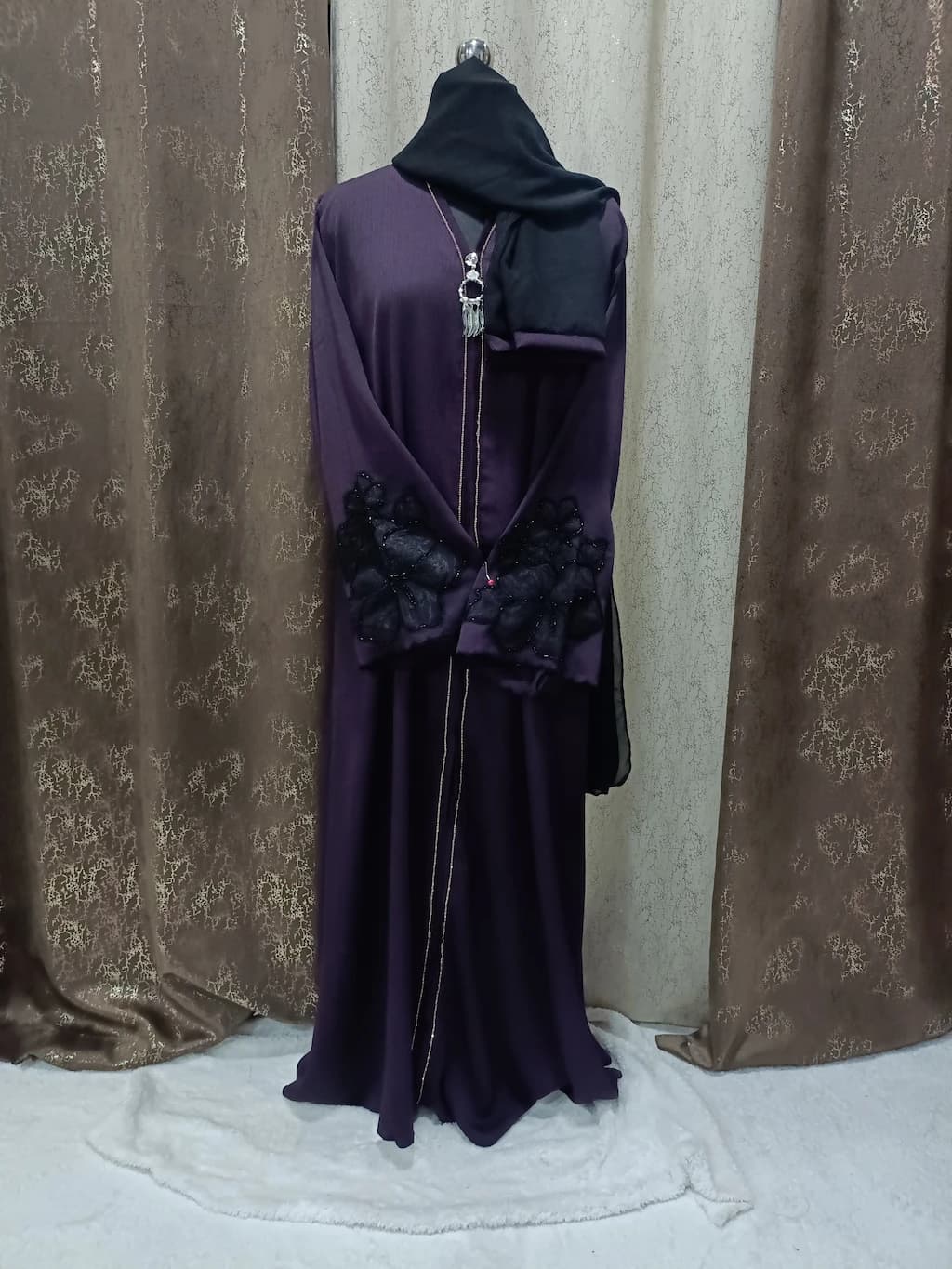 Eggplant Purple Abaya With Boota Design On Sleeves