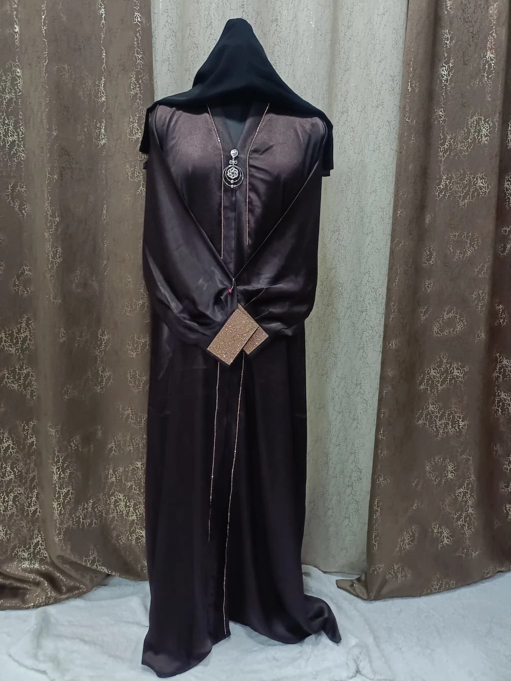 Dark Brown Abaya With Golden Sheet Design