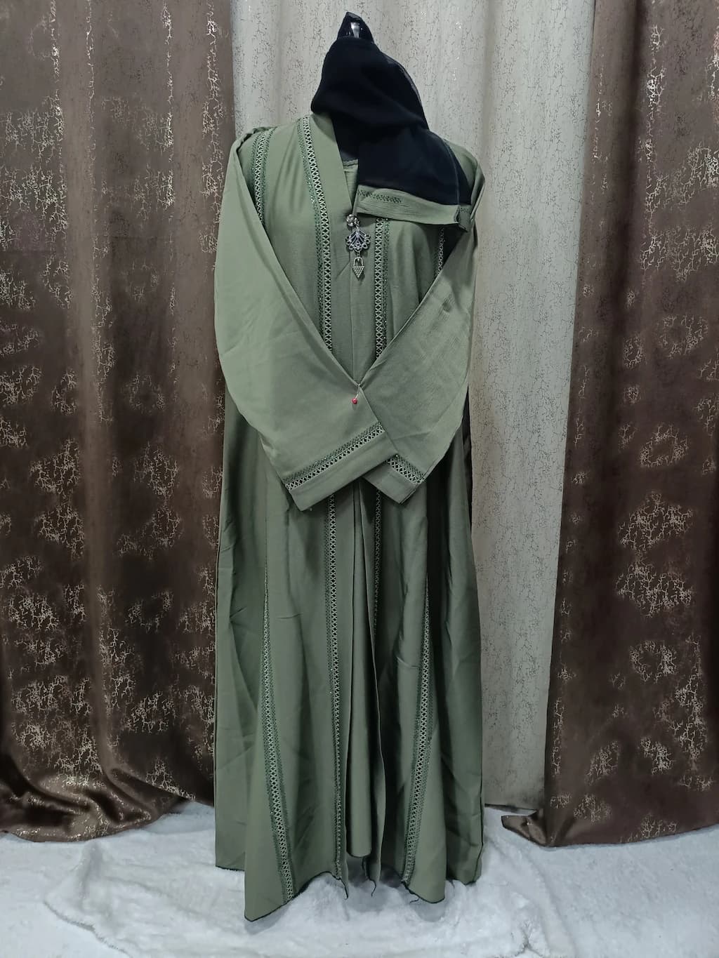 Sage Green Shrug Abaya With Net Design And Locket