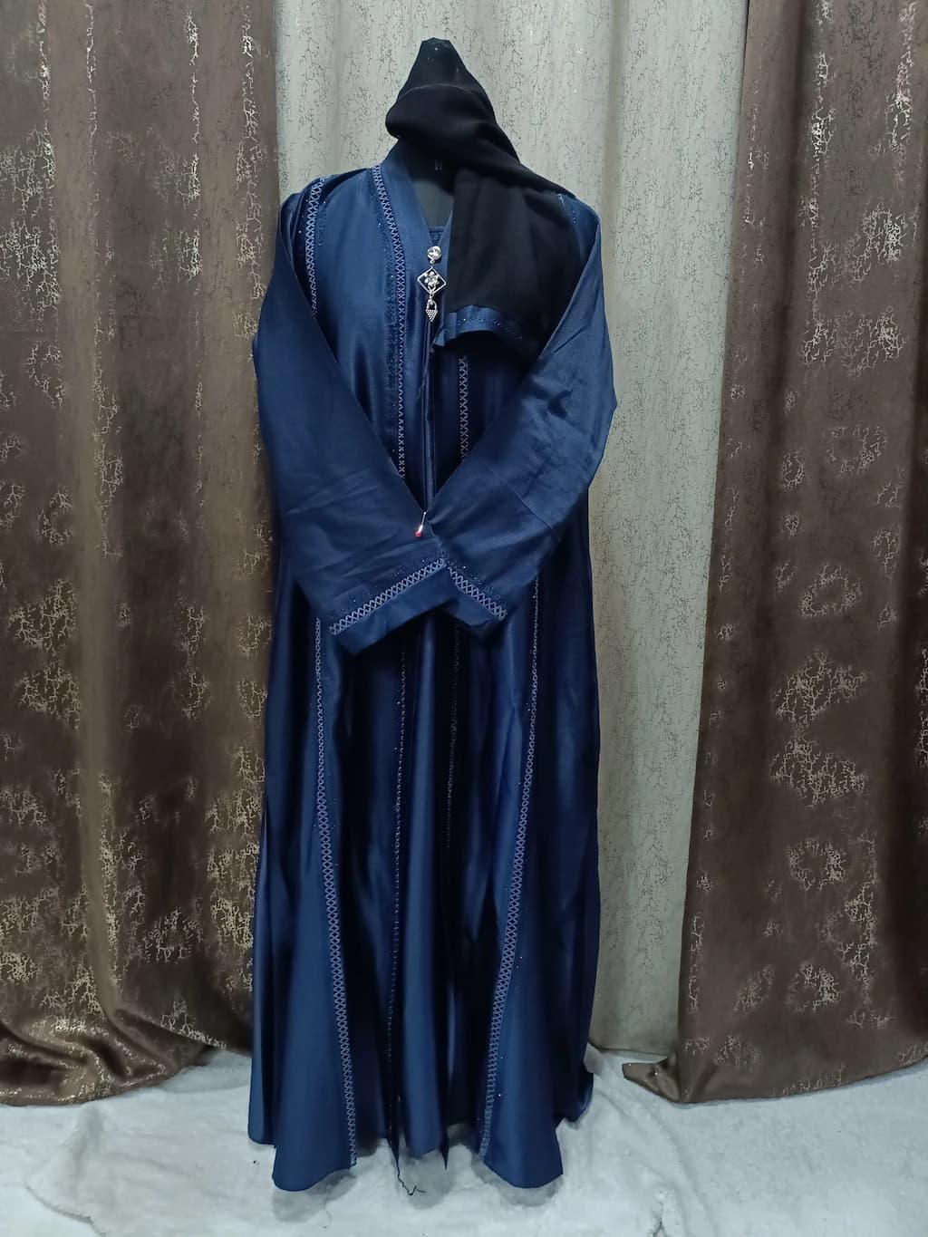 Midnight Blue Shrug Abaya With Net Design And Locket