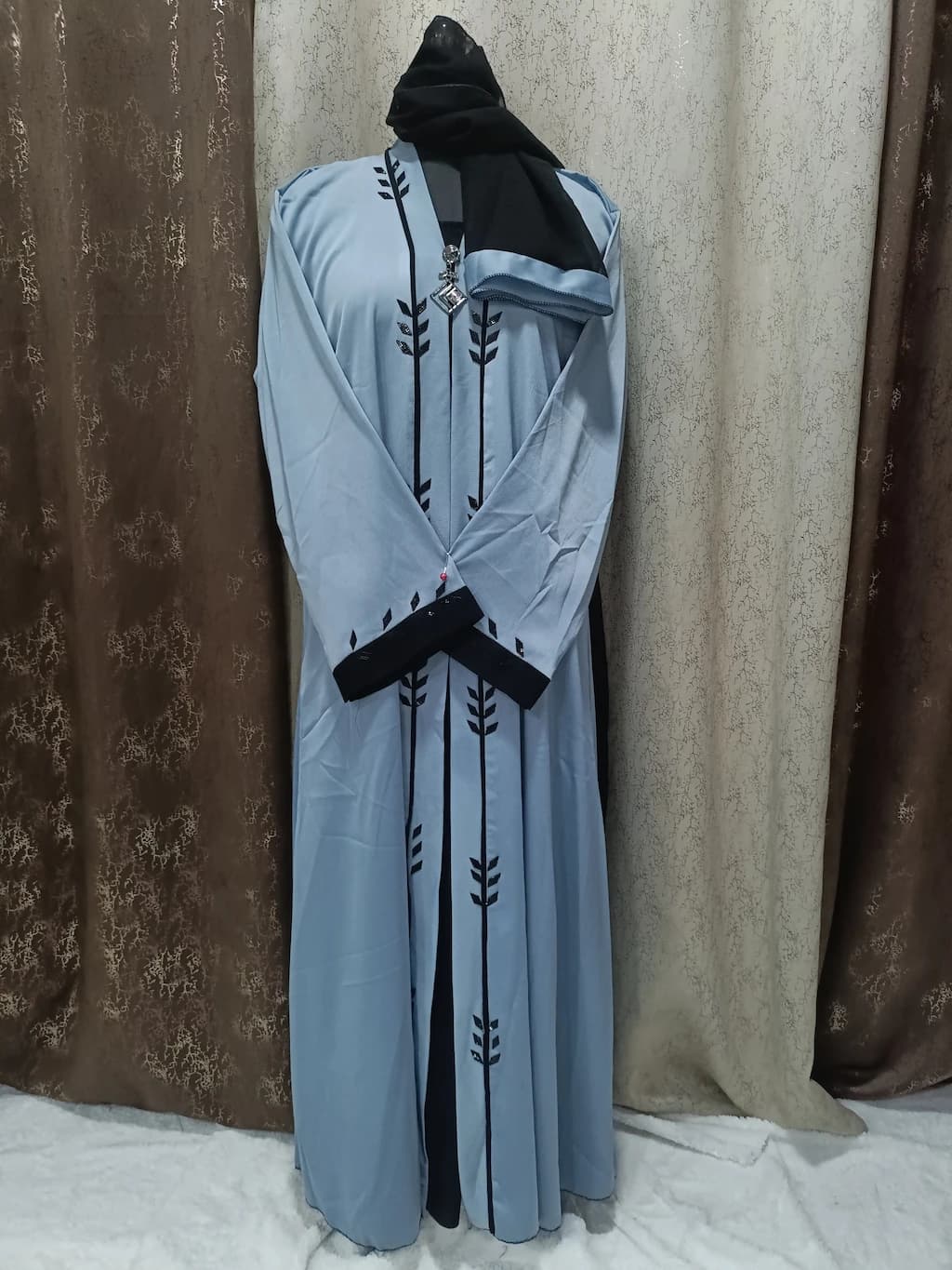 Steel Blue Shrug Abaya With Leaf Sheet Design