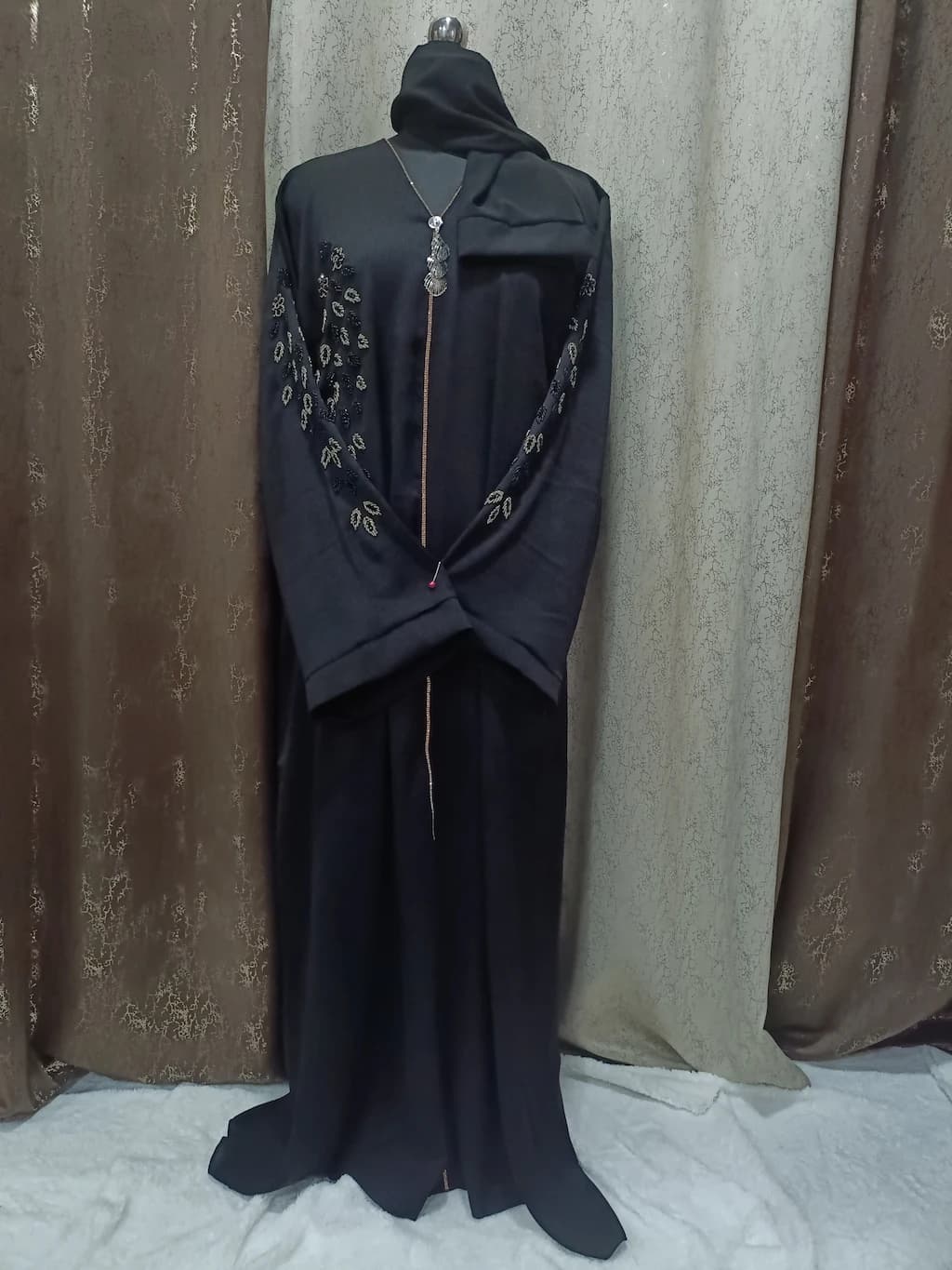 Black Handwork Abaya With Black Gray Design And Locket