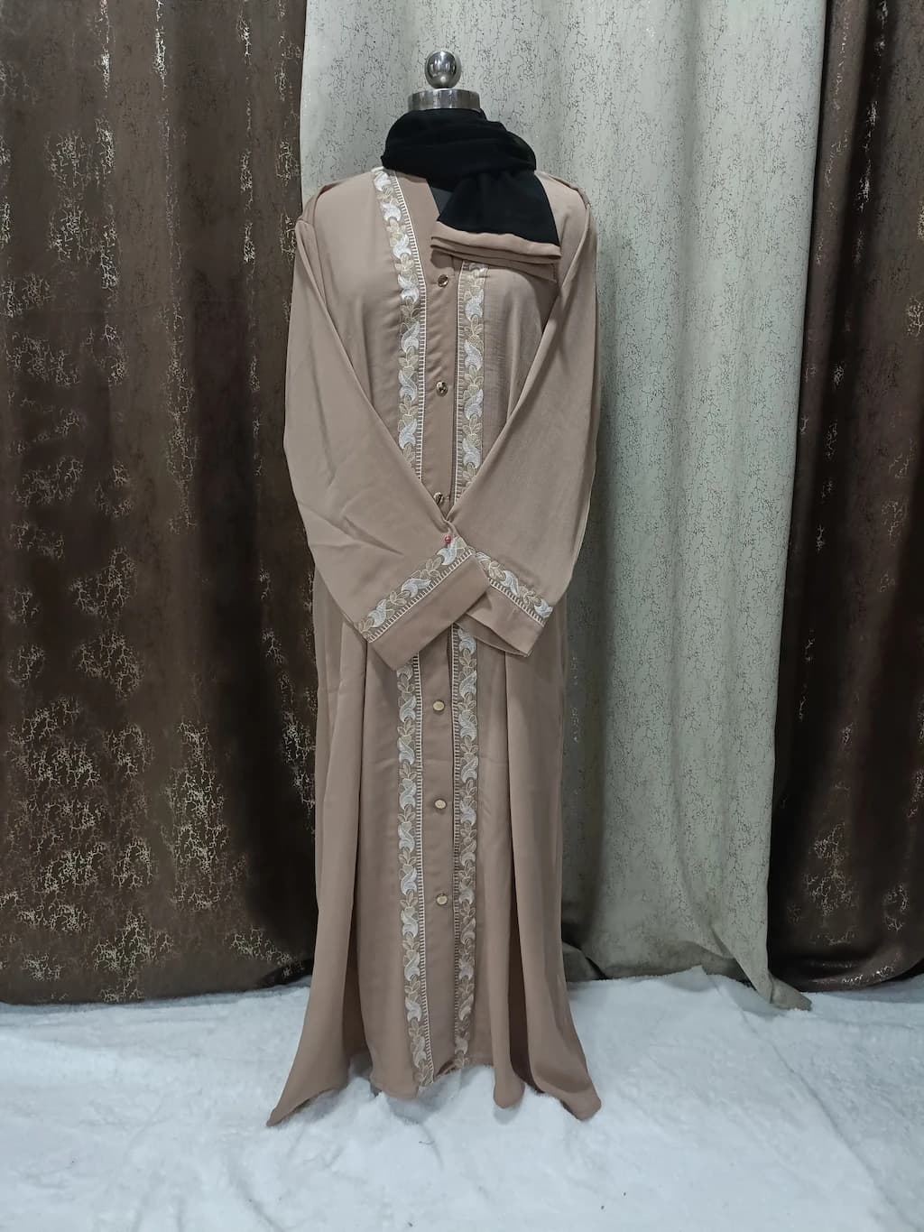 Front Open Antique Brass Brown Abaya With Embroidered Lace